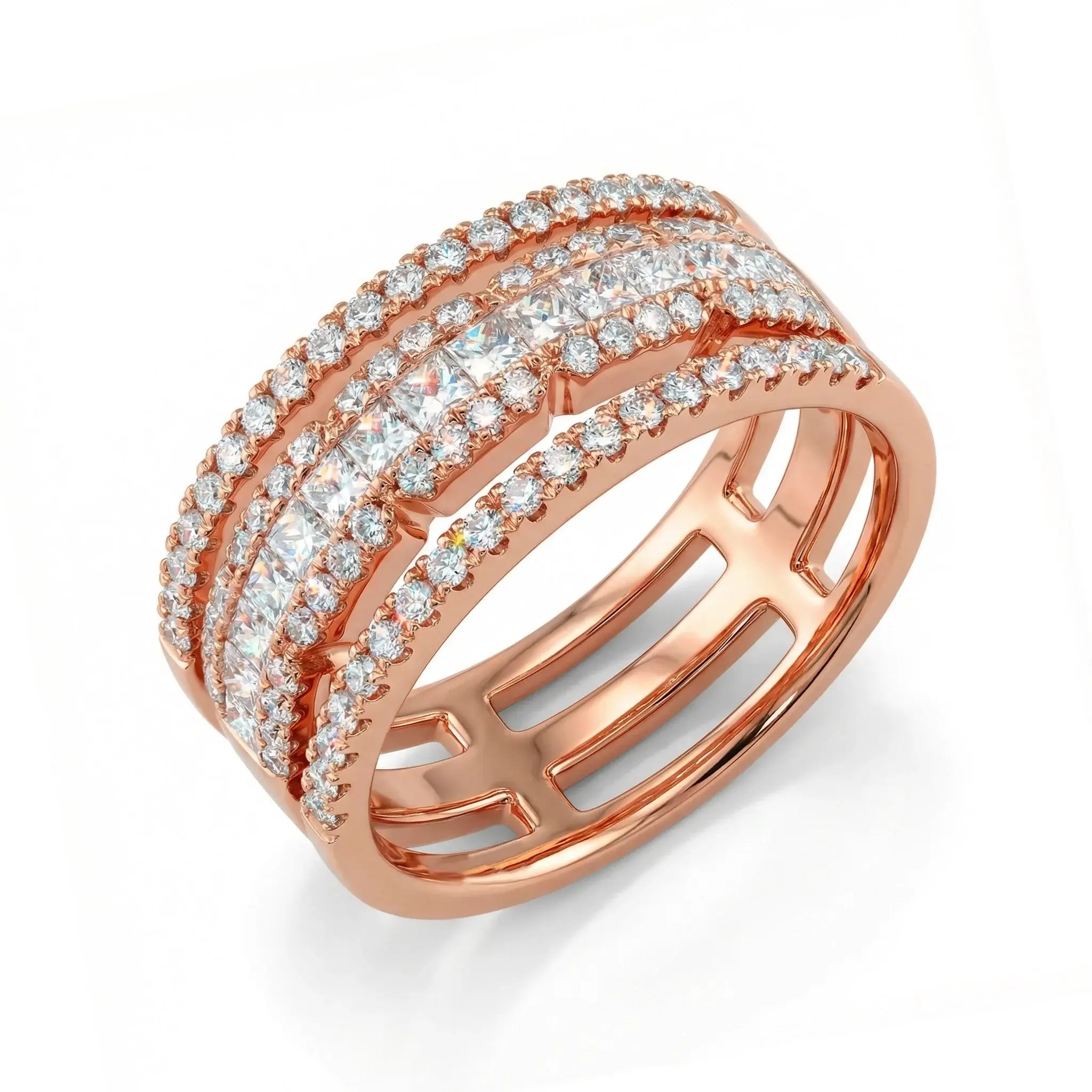 14K Yellow Gold Princess & Round Diamond Band Ring - rose gold