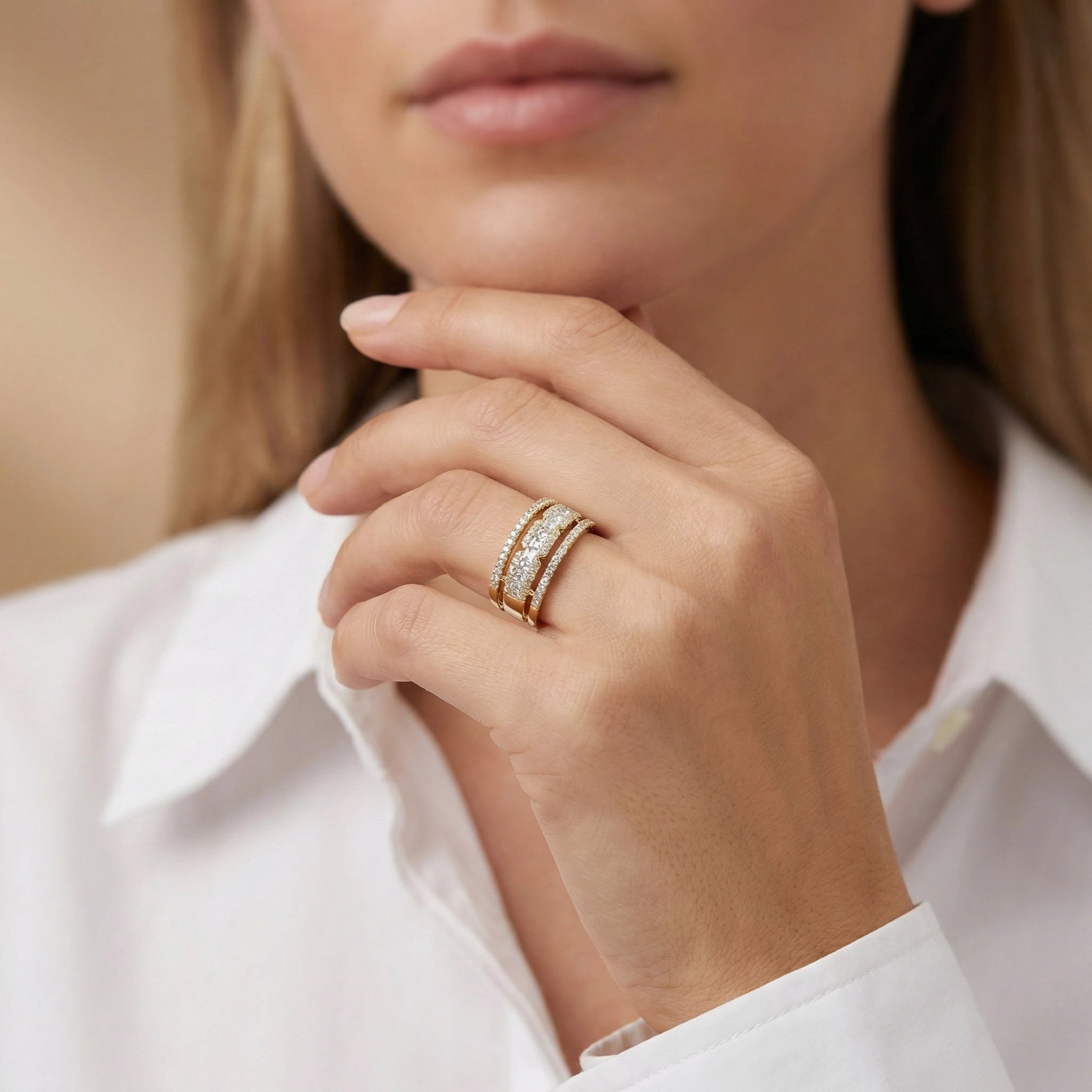 14K Yellow Gold Princess & Round Diamond Band Ring - women wearing