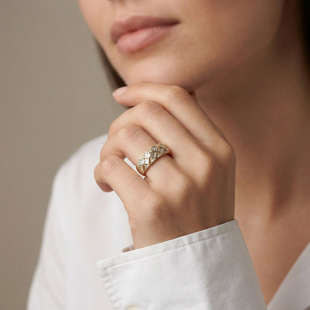 14K Yellow Gold Baguette & Round Diamond Anniversary Band - women wearing