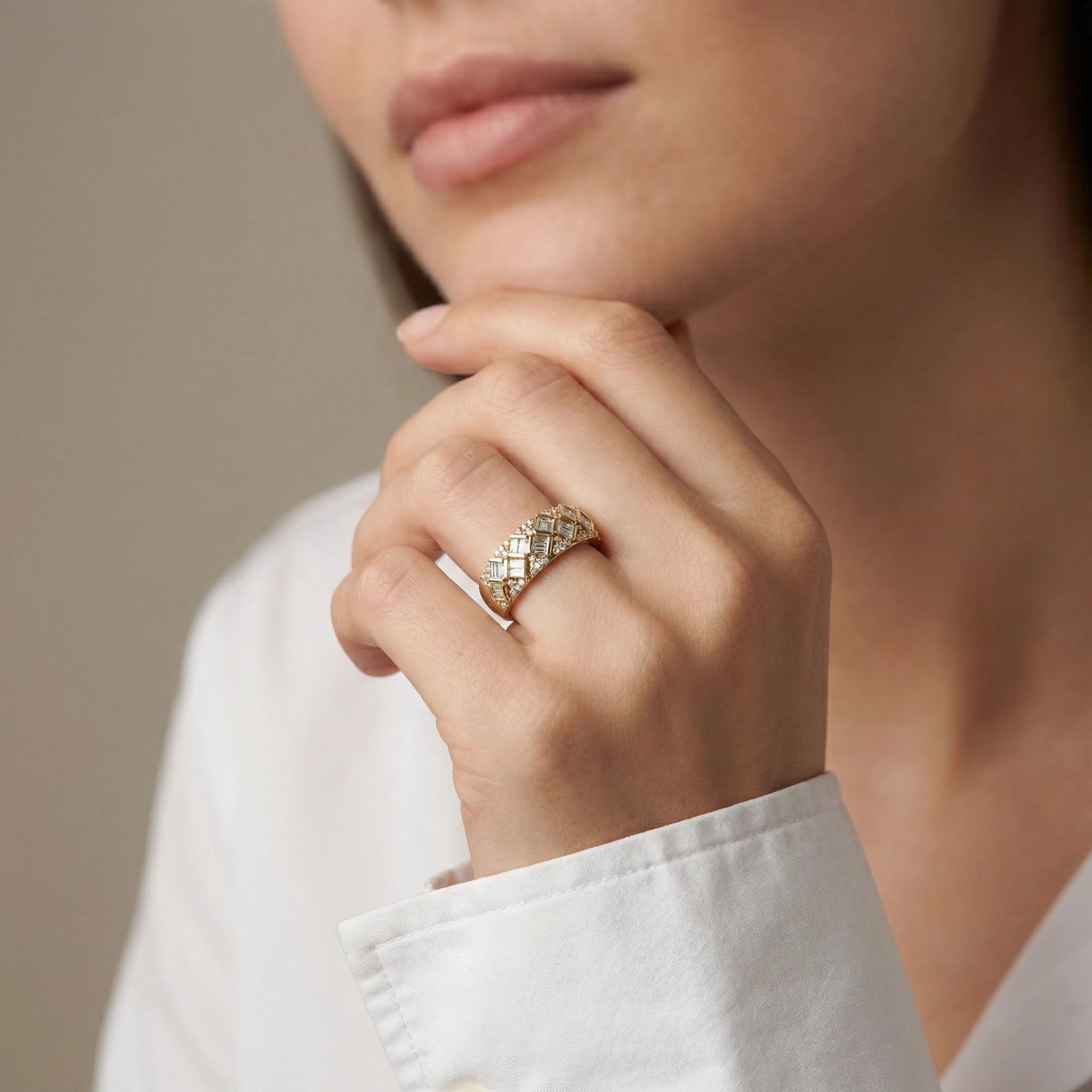 14K Yellow Gold Baguette & Round Diamond Anniversary Band - women wearing