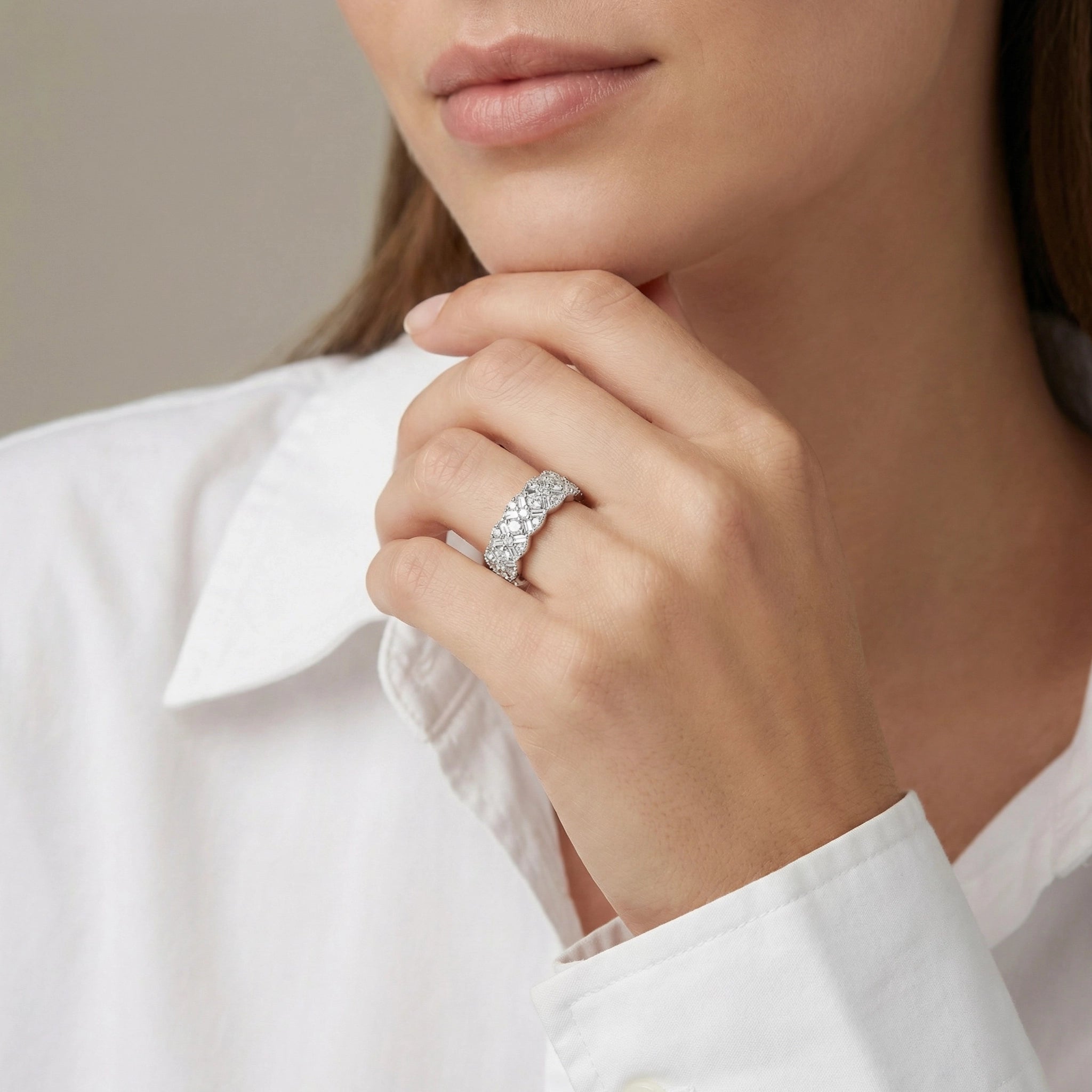 14K White Gold Baguette & Round Diamond Anniversary Band - women wearing