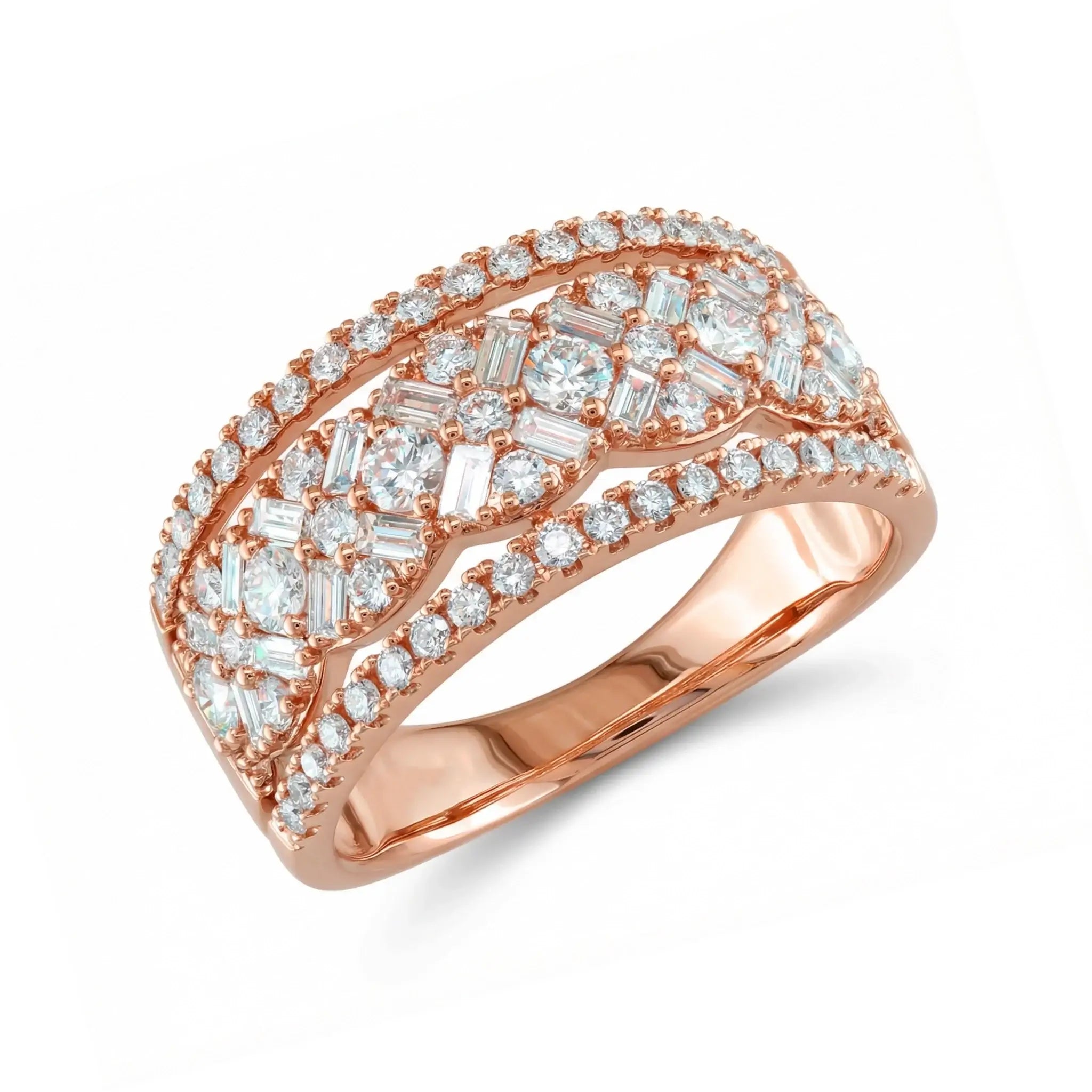 14K Yellow Gold Baguette & Round Diamond Multi-Row Band Ring - rose gold