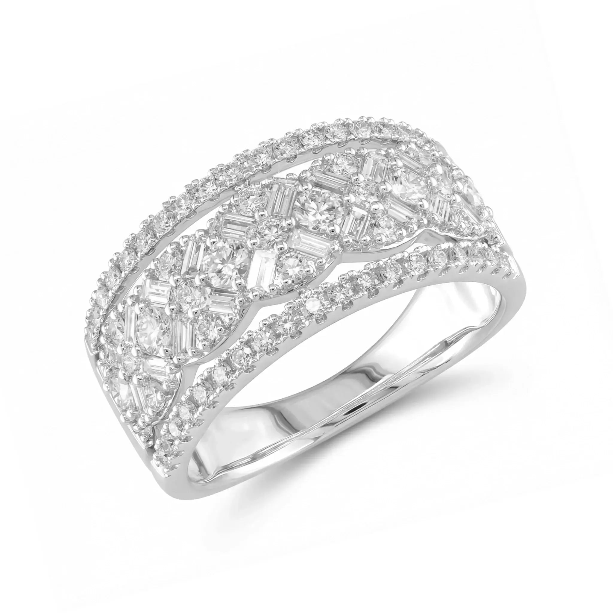 14K Yellow Gold Baguette & Round Diamond Multi-Row Band Ring - white gold