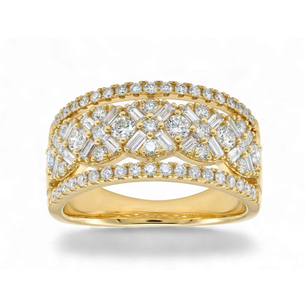 14K Yellow Gold Baguette & Round Diamond Multi-Row Band Ring