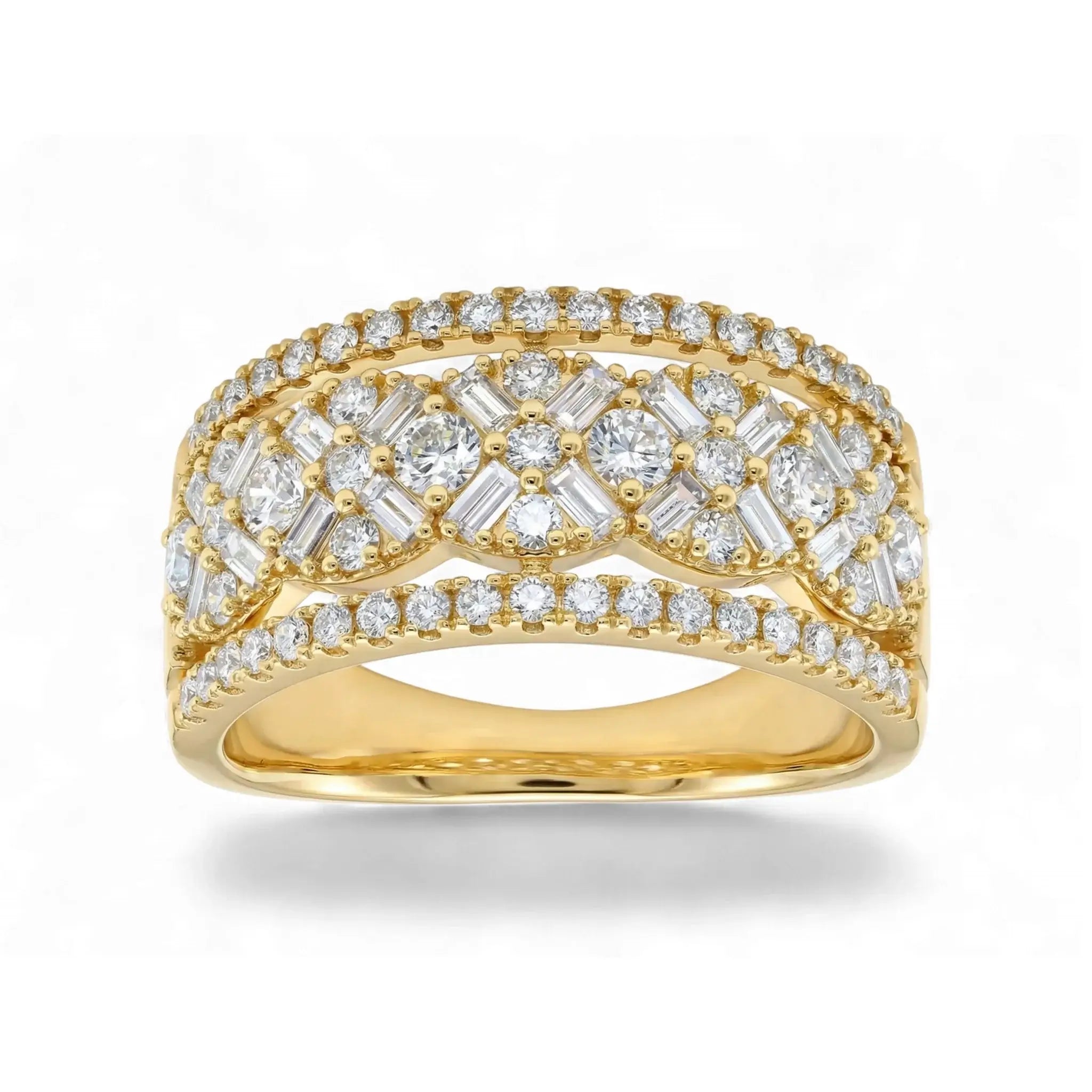 14K Yellow Gold Baguette & Round Diamond Multi-Row Band Ring