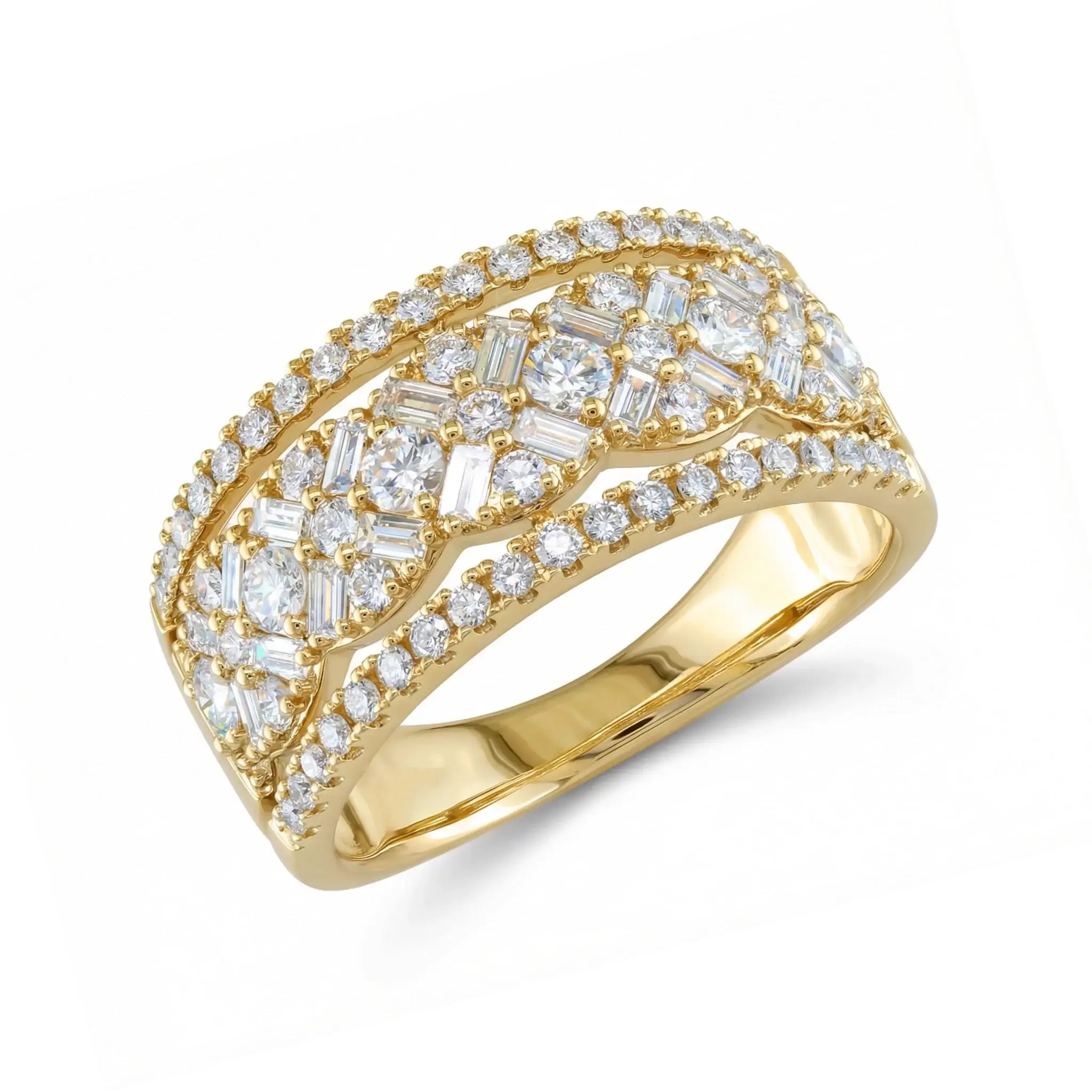 14K Yellow Gold Baguette & Round Diamond Multi-Row Band Ring - side view