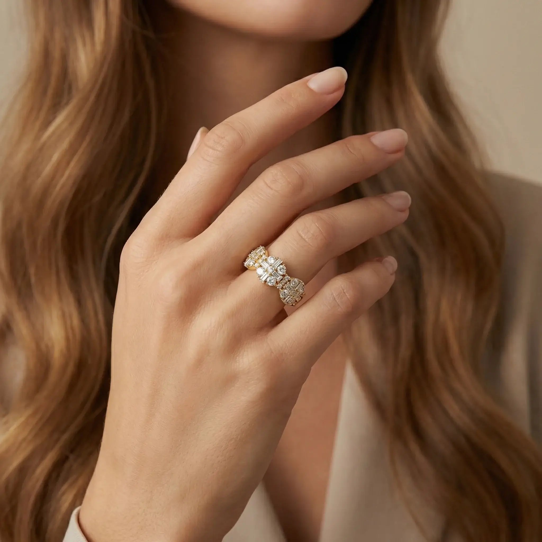 14K Yellow Gold Baguette & Round Diamond Anniversary Band - women wearing