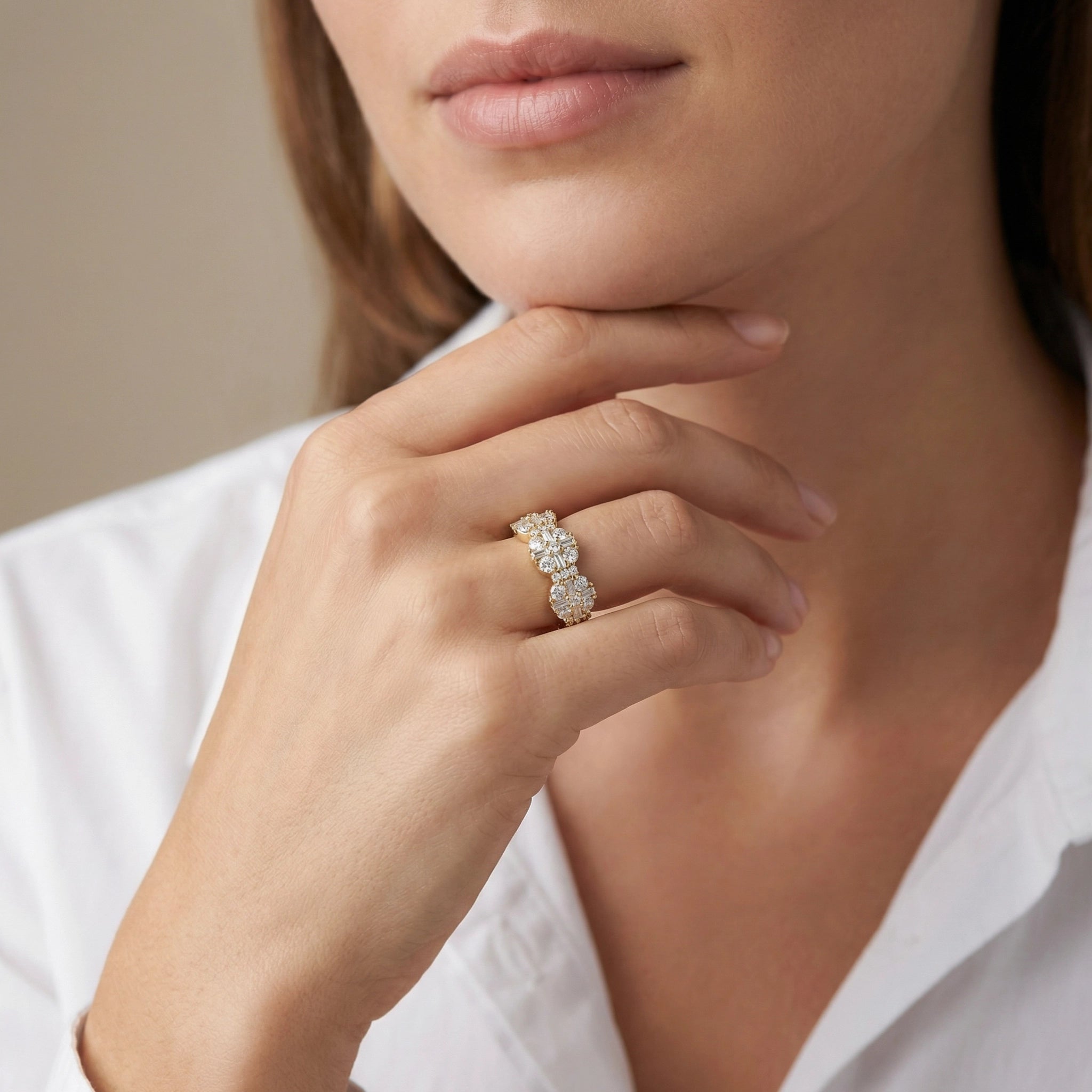 14K Yellow Gold Baguette & Round Diamond Anniversary Band - women wearing 2