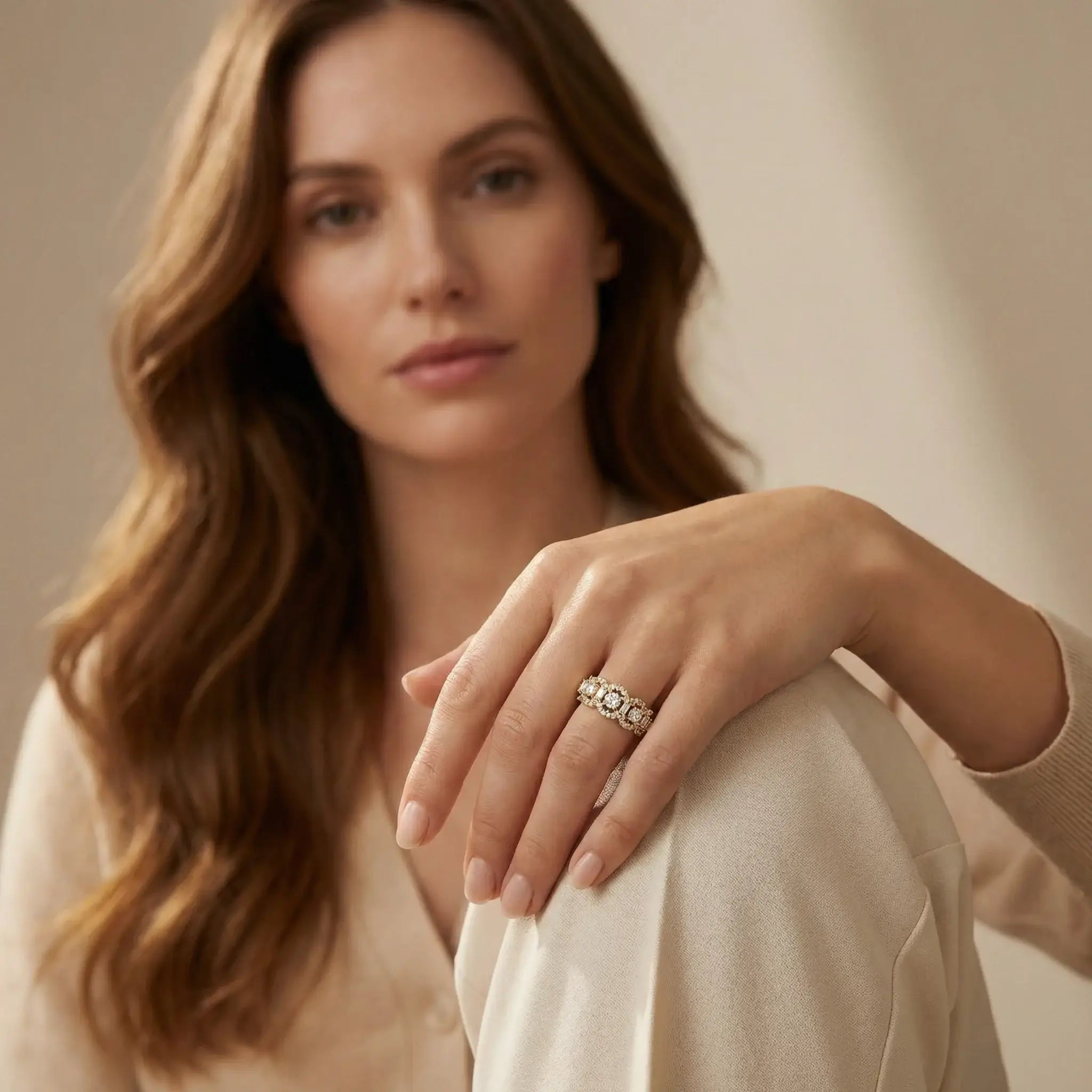 14K Yellow Gold Baguette & Round Diamond Anniversary Band - women wearing