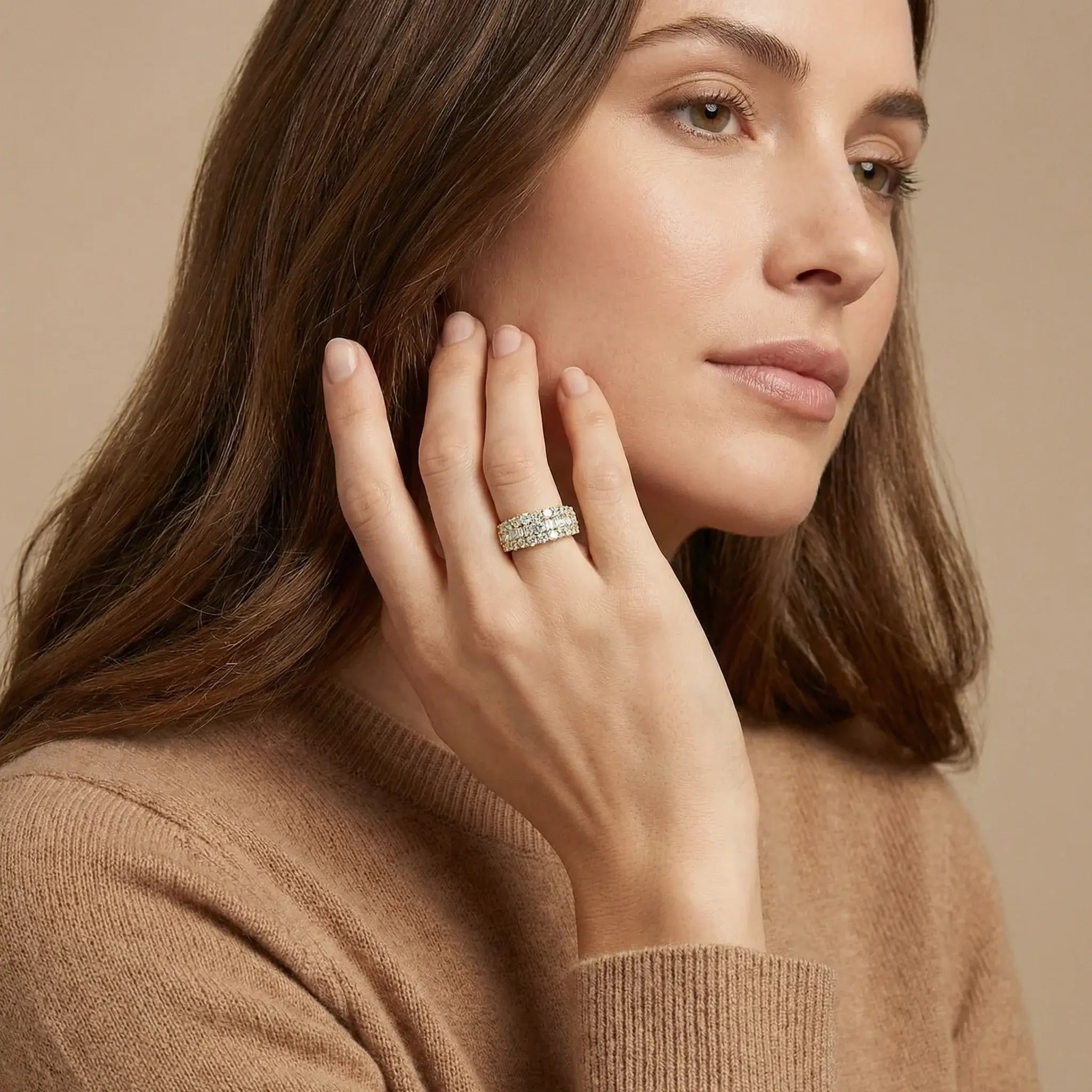 14K Yellow Gold Baguette & Round Diamond Anniversary Band - women wearing