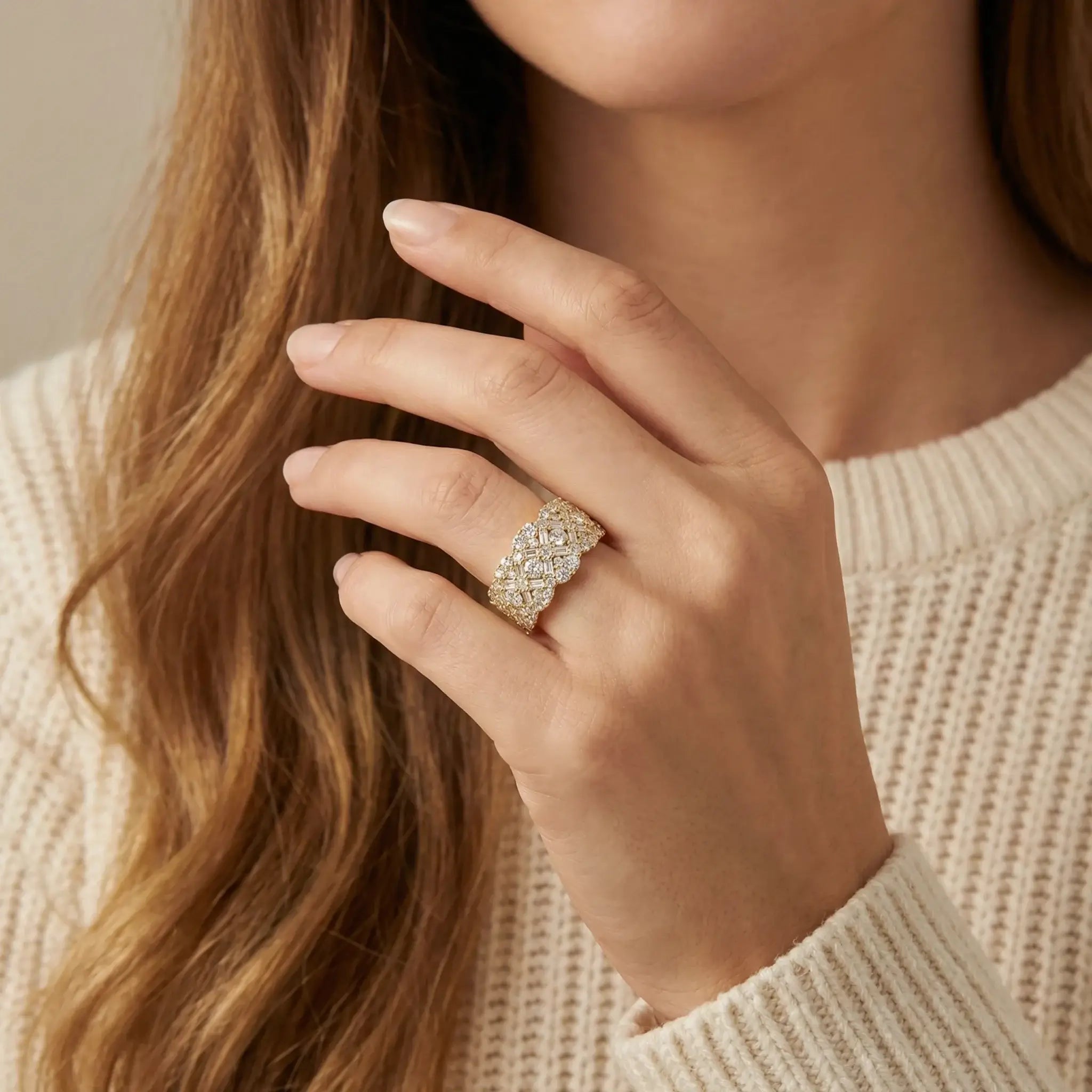Model Wearing 14K Yellow Gold Baguette Diamond Band