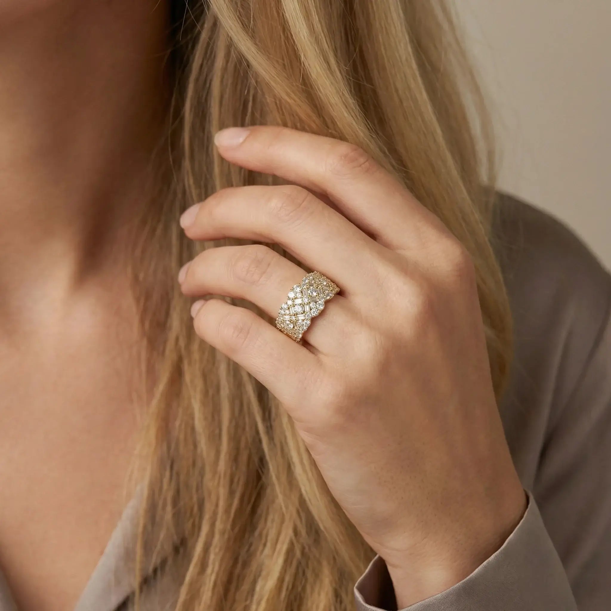 Model Wearing 14K Yellow Gold Baguette Diamond Band 2