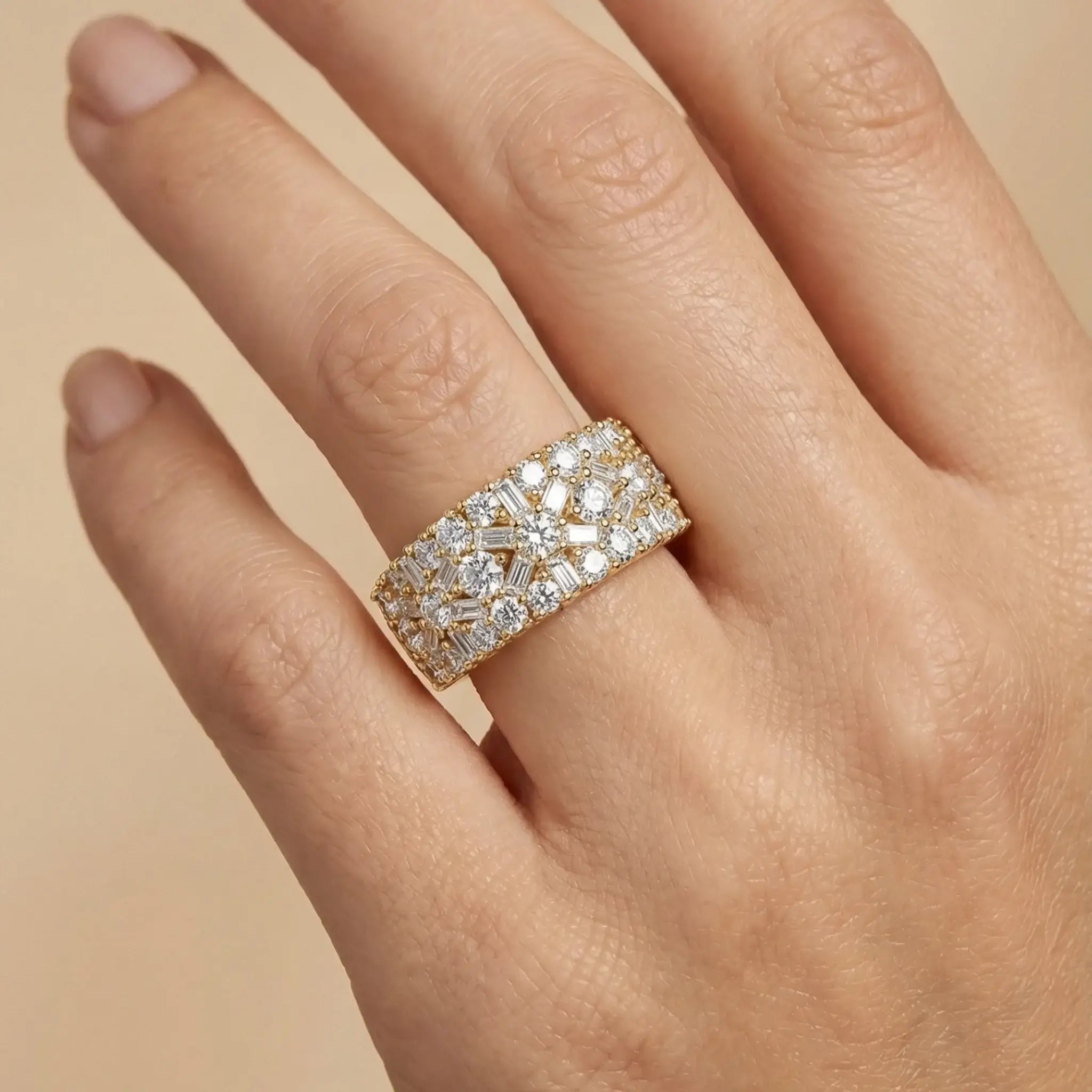 Wide 14K Yellow Gold Diamond Anniversary Band on Hand