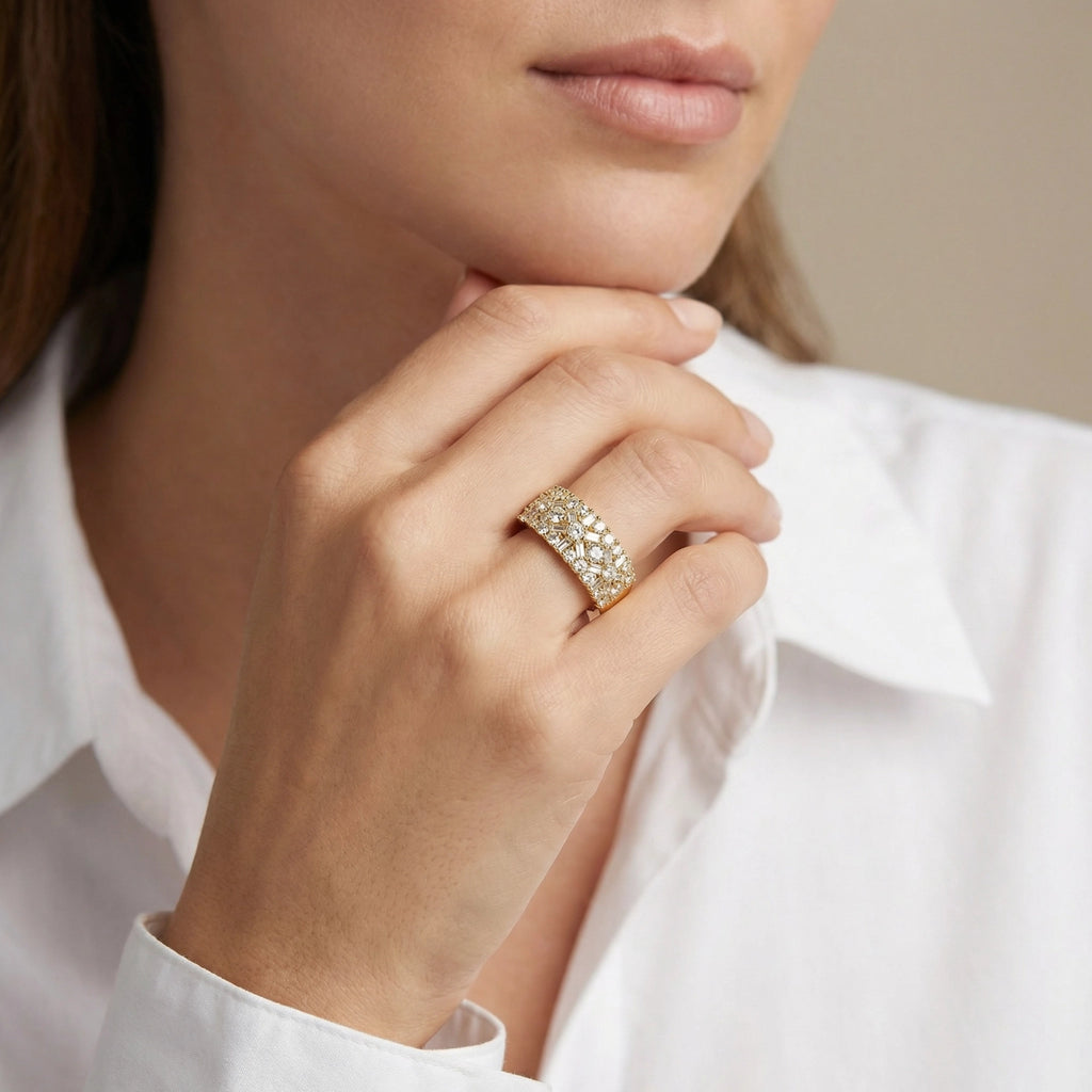 A Women Wearing 14K Yellow Gold Diamond Anniversary Band on Hand