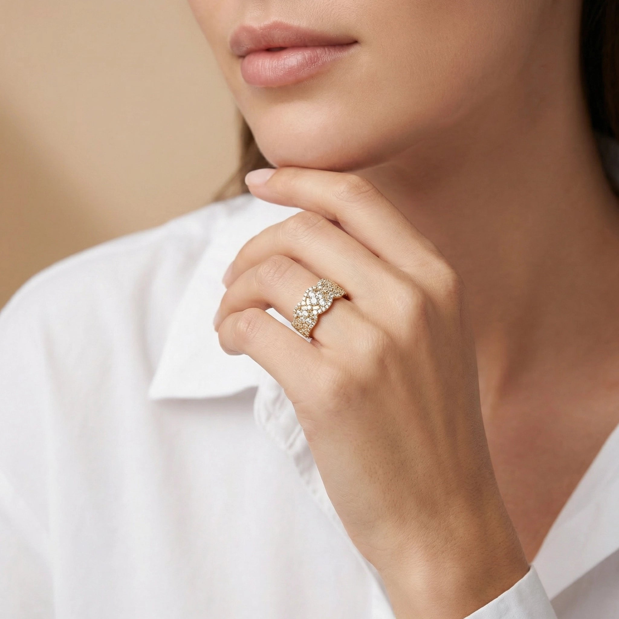 A Women Wearing 14K Yellow Gold Baguette Diamond Anniversary Ring - Side View