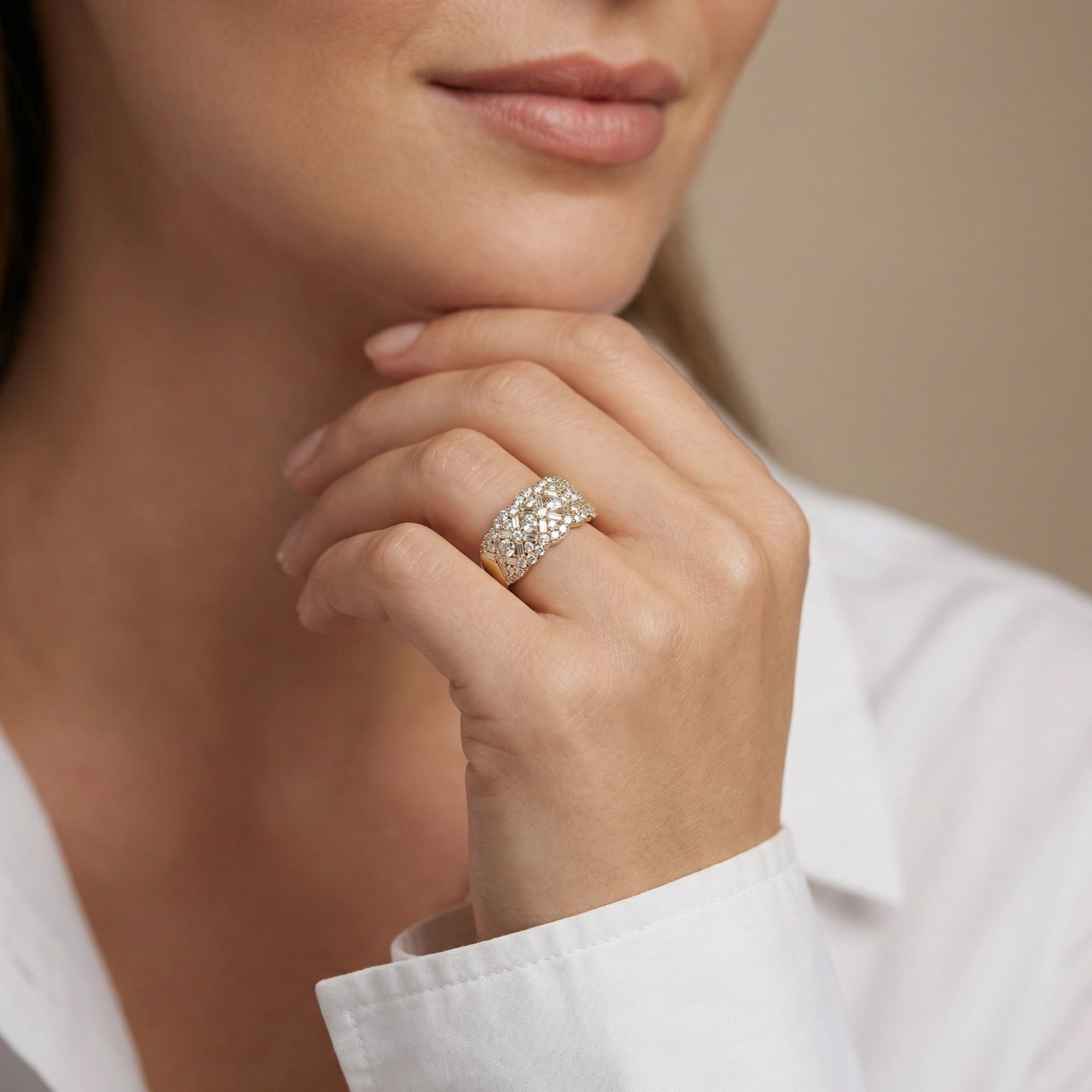 A Women Wearing 14K Yellow Gold Baguette Diamond Anniversary Band - Band Wide Side View