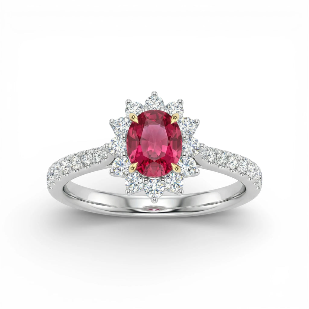 18K White and Yellow Gold Oval Cut Ruby with Diamond Halo Ring
