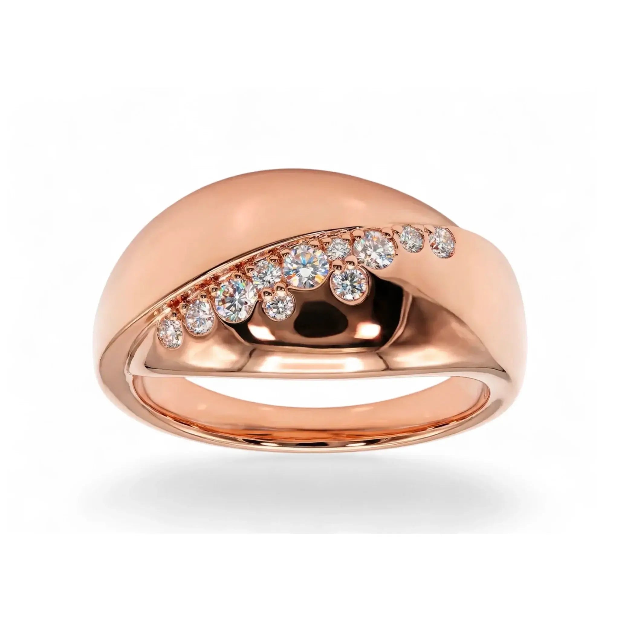 Wide Bypass Diamond Ring Modern geometric bypass diamond ring in 14K rose gold, featuring 11 round brilliant diamonds set along a flowing 10mm wide band.