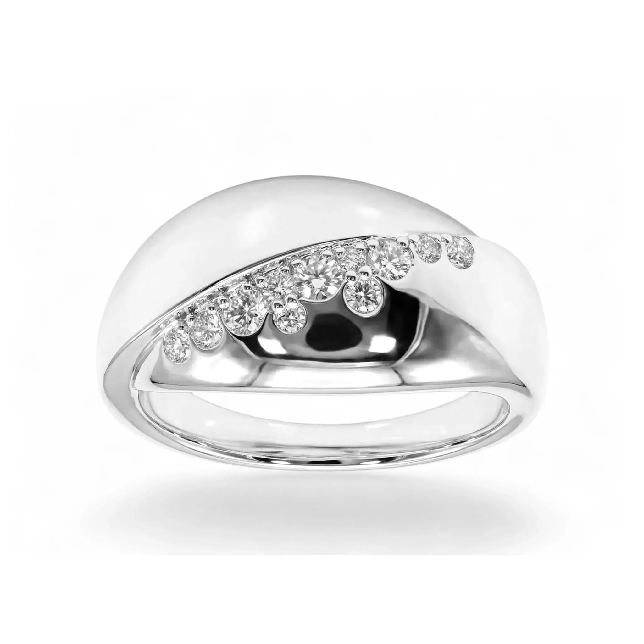 Wide Bypass Diamond Ring Modern geometric bypass diamond ring in 14K white gold, featuring 11 round brilliant diamonds set along a flowing 10mm wide band.