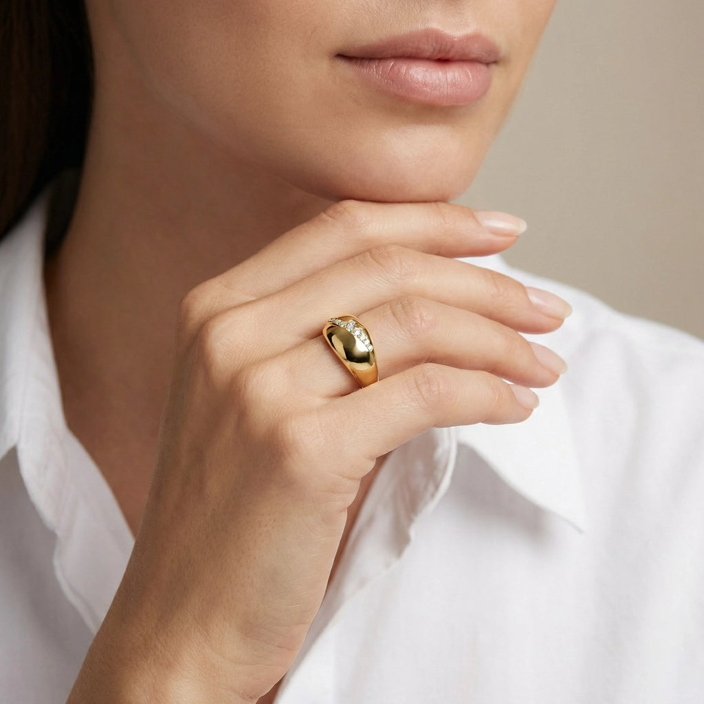 Wide Bypass Diamond Ring Modern geometric bypass diamond ring in 14K yellow gold, featuring 11 round brilliant diamonds set along a flowing 10mm wide band.