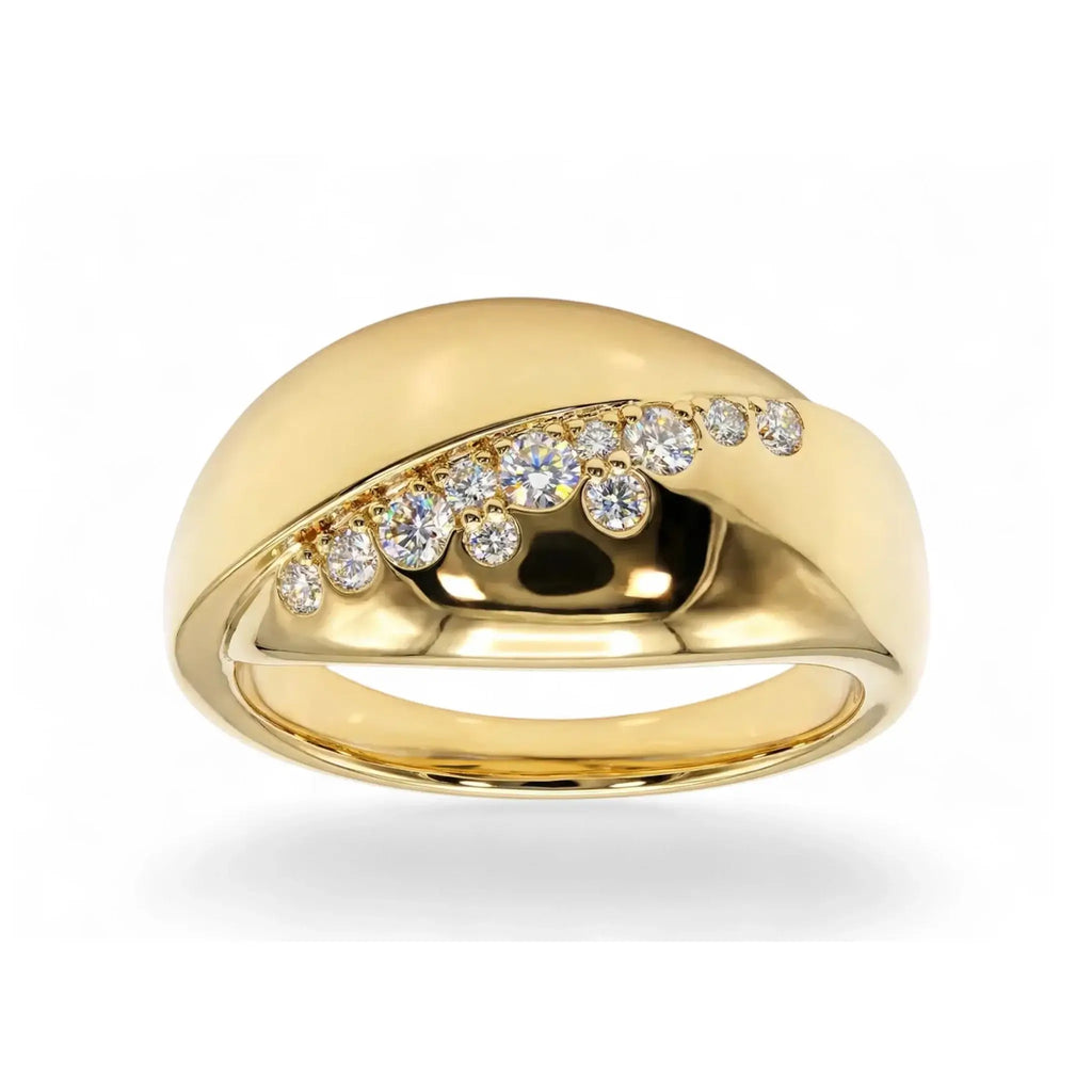 Wide Bypass Diamond Ring Modern geometric bypass diamond ring in 14K yellow gold, featuring 11 round brilliant diamonds set along a flowing 10mm wide band.