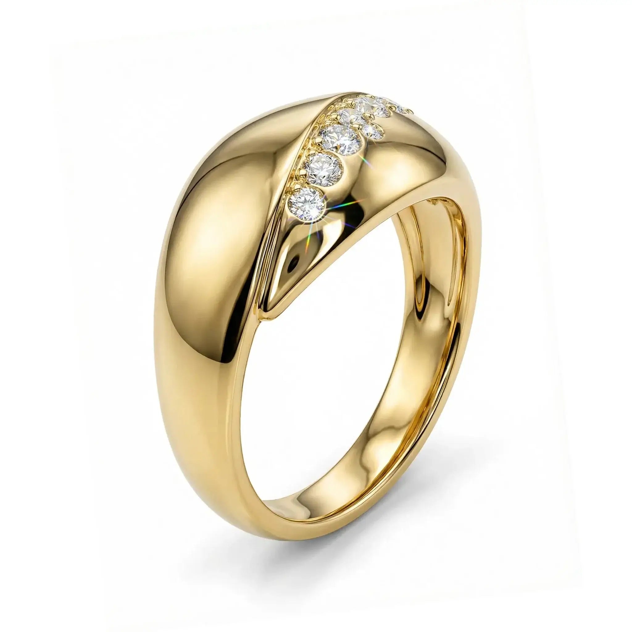 Wide Bypass Diamond Ring Modern geometric bypass diamond ring in 14K yellow gold, featuring 11 round brilliant diamonds set along a flowing 10mm wide band.