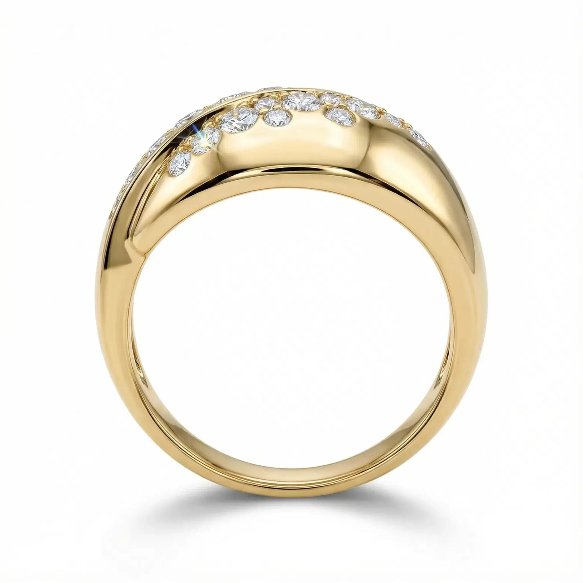 Wide Bypass Diamond Ring Modern geometric bypass diamond ring in 14K yellow gold, featuring 11 round brilliant diamonds set along a flowing 10mm wide band.