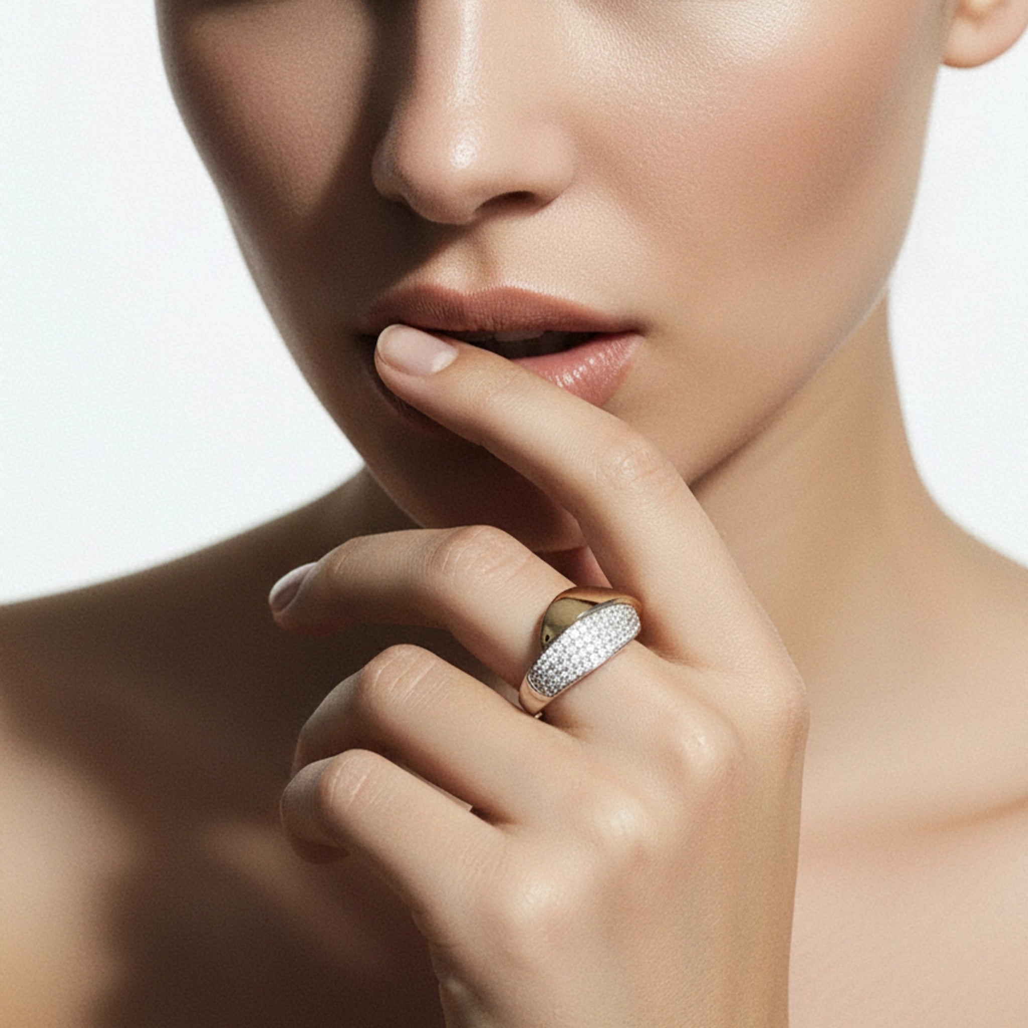 BeBling 14K Two-Tone Gold Diamond Bypass Ring wide band 11mm - on hand