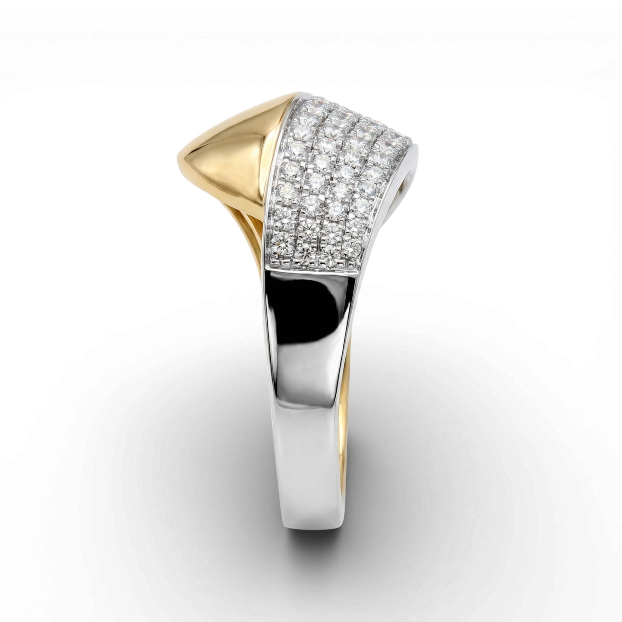 BeBling 14K Two-Tone Gold Diamond Bypass Ring wide band 11mm side view