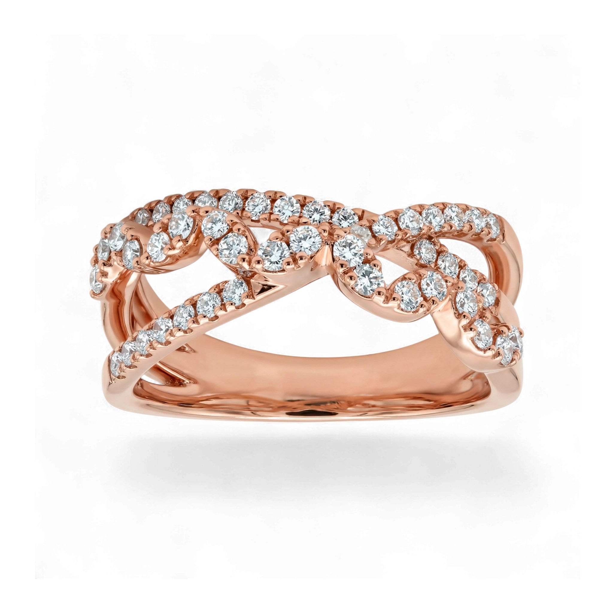 BeBling 14K Yellow Gold Diamond Crossover Ring 11mm front view - rose gold