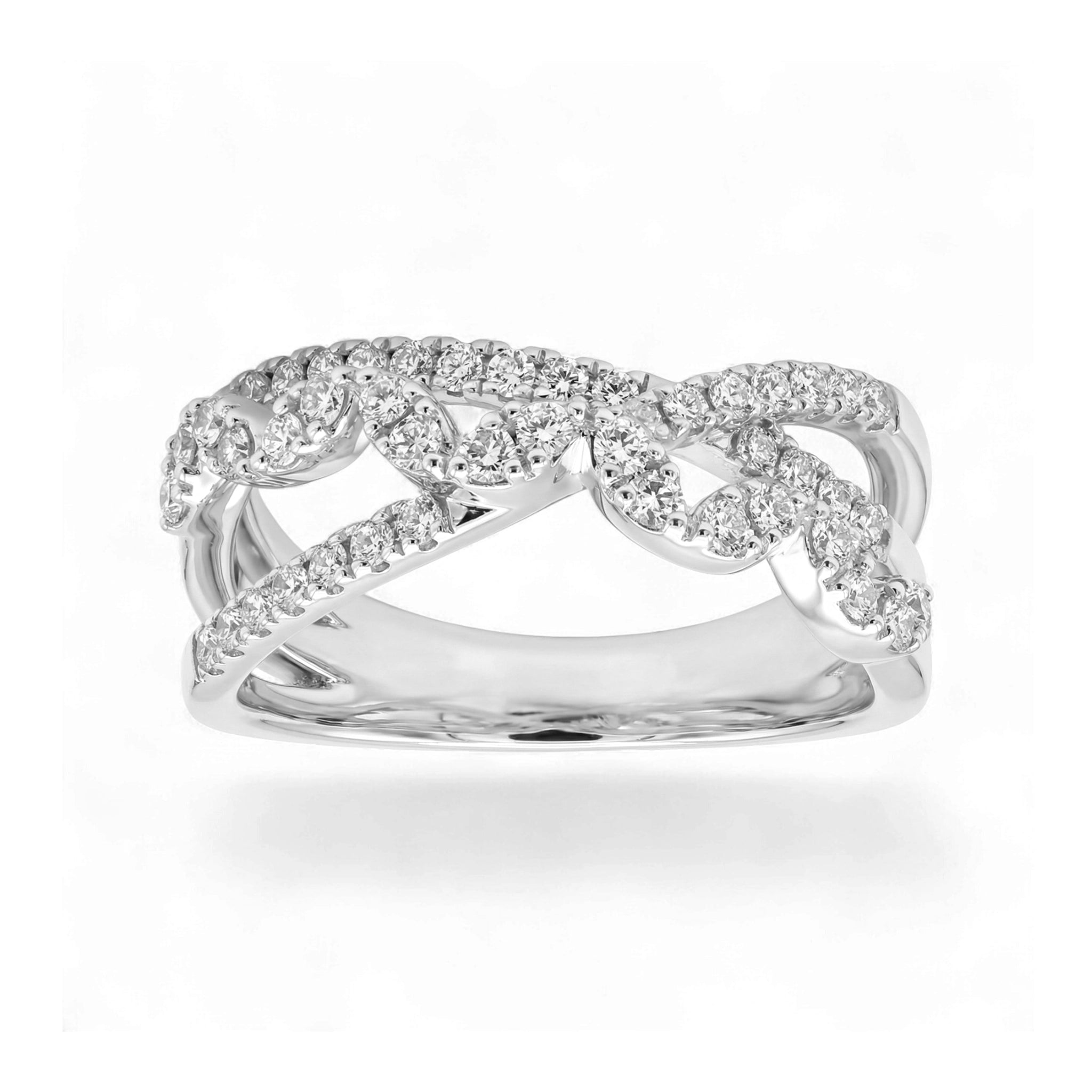 BeBling 14K Yellow Gold Diamond Crossover Ring 11mm front view - white gold