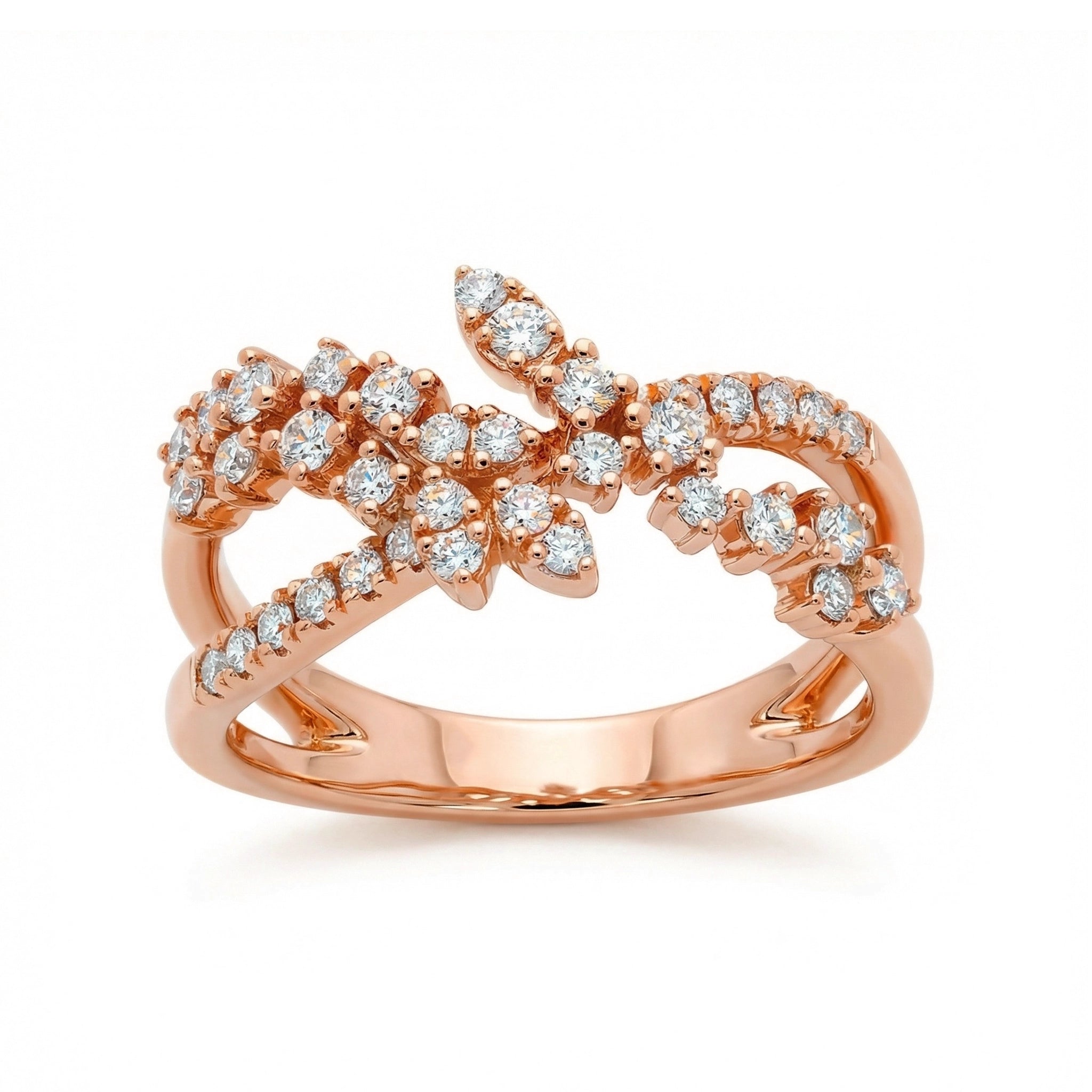 BeBling 14K White Gold Diamond Criss Cross Ring 11mm front view - rose gold