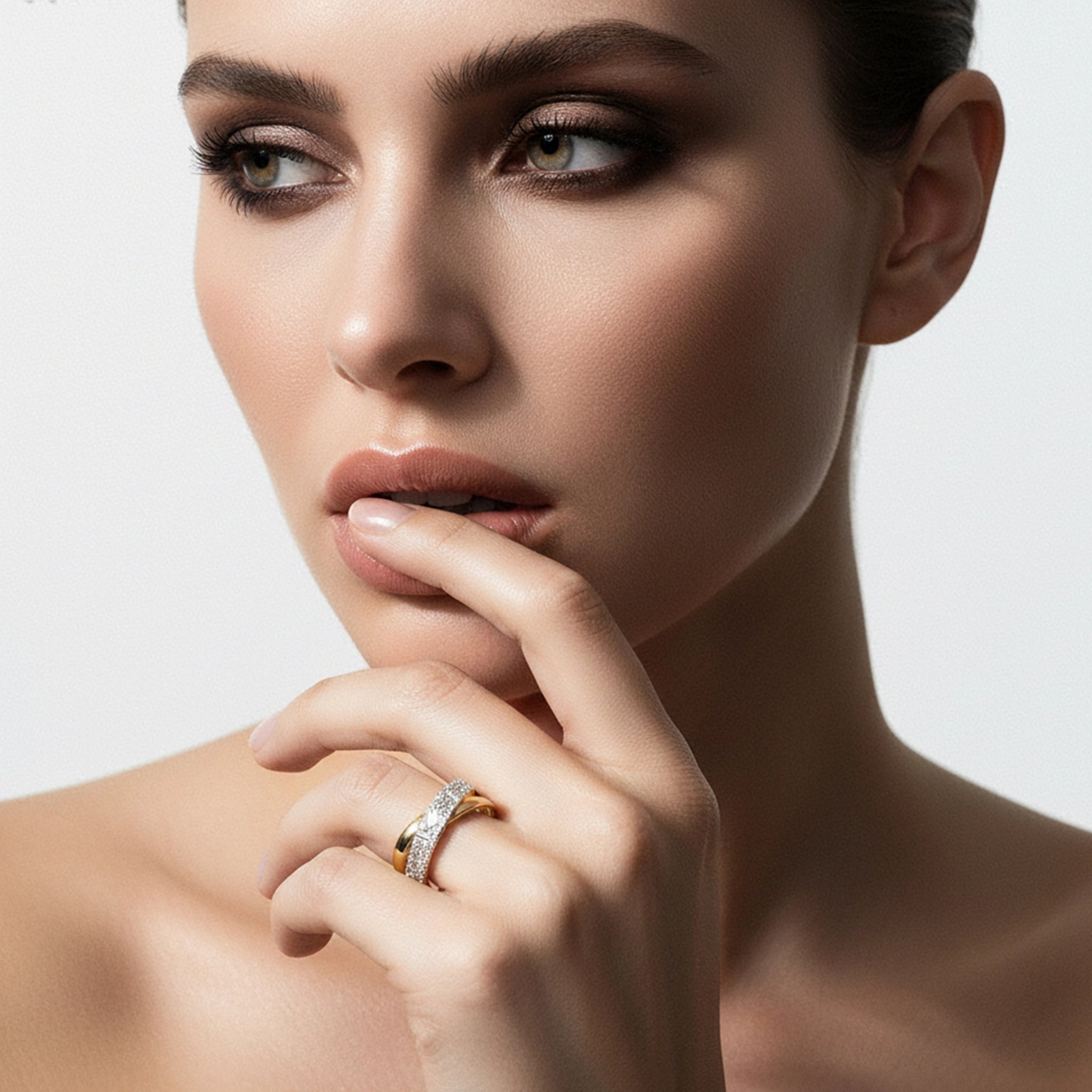 BeBling 14K Two-Tone Gold Diamond Criss Cross Ring with baguette diamonds - on hand