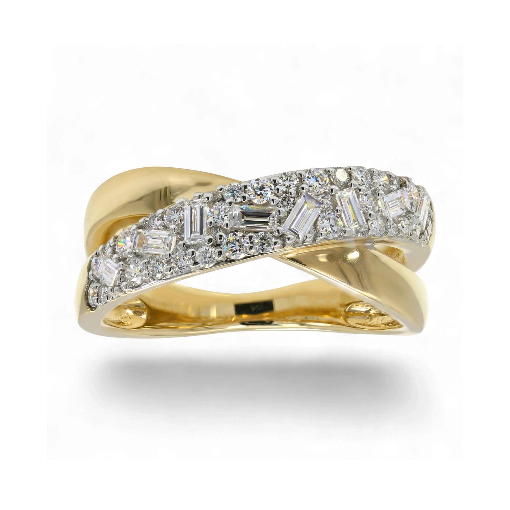 BeBling 14K Two-Tone Gold Diamond Criss Cross Ring with baguette diamonds front view