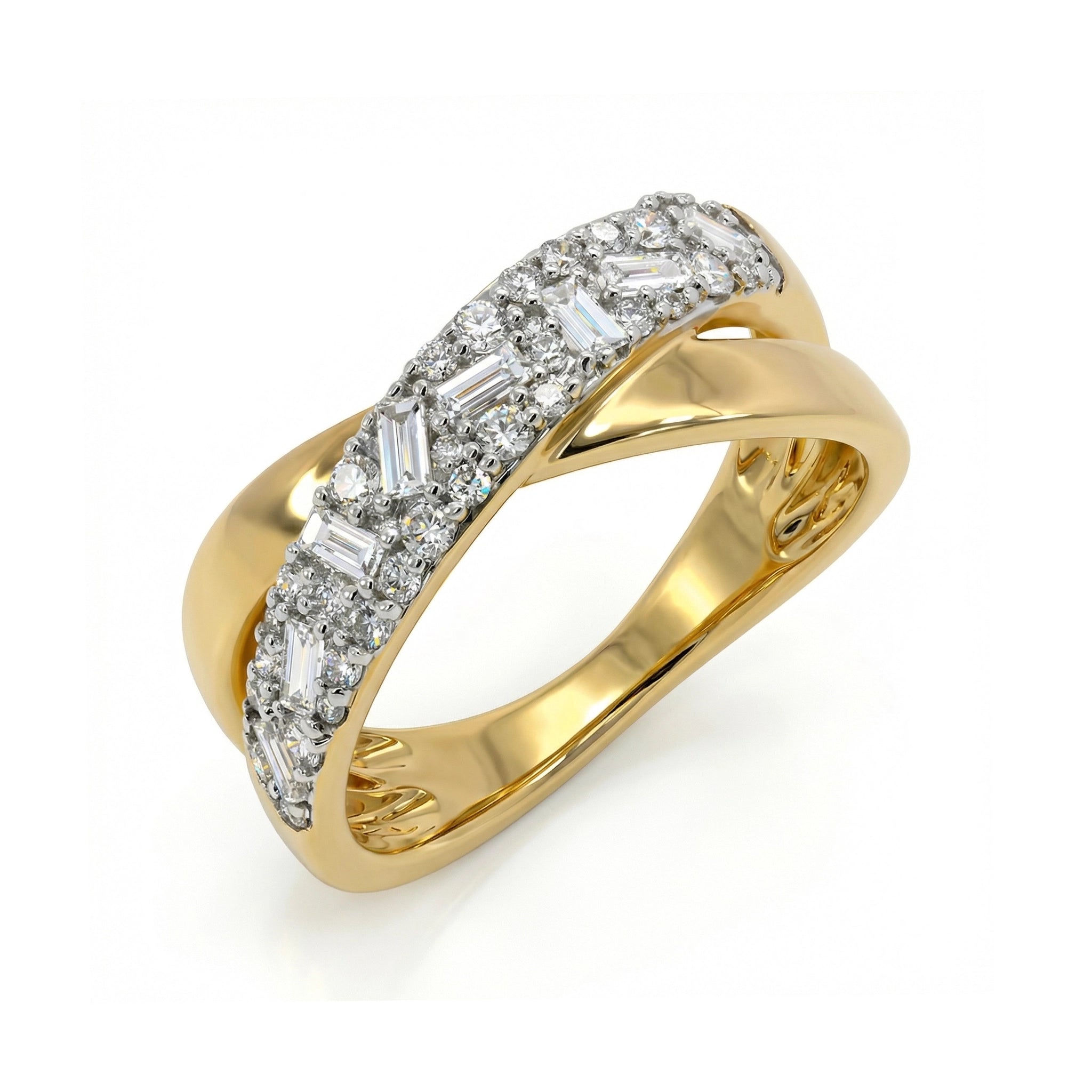 BeBling 14K Two-Tone Gold Diamond Criss Cross Ring with baguette diamonds top view