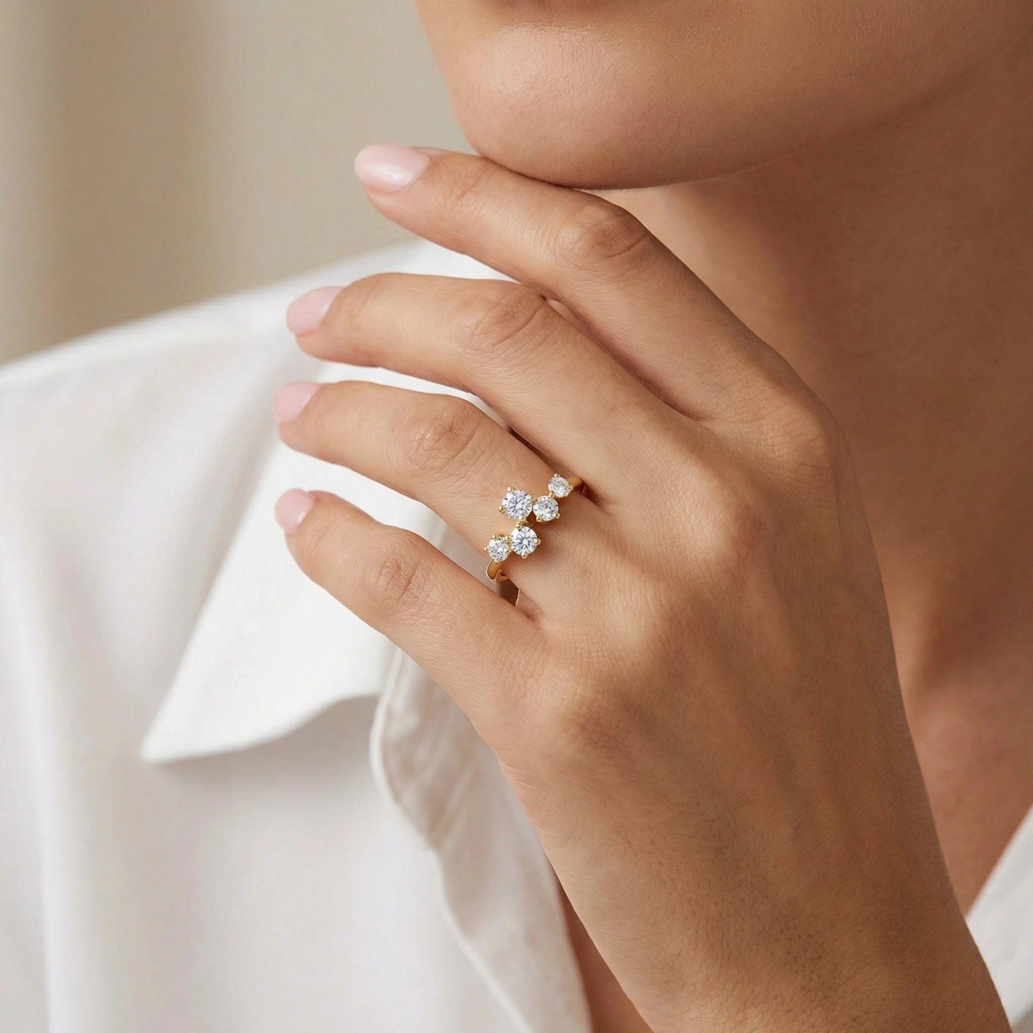 BeBling 14K Yellow Gold Diamond Cluster Ring - Women Wearing