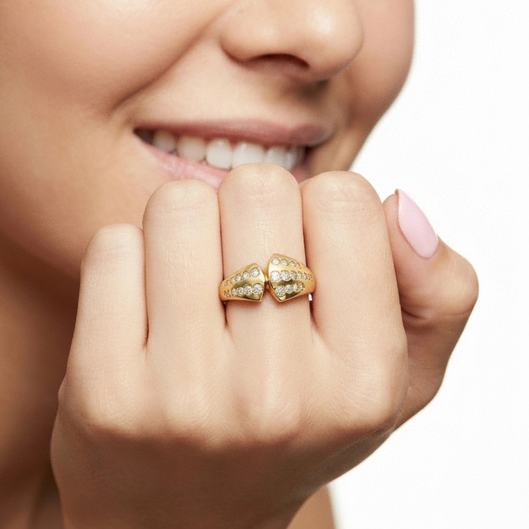 BeBling 14K Yellow Gold Multi Row Diamond Bypass Ring on hand