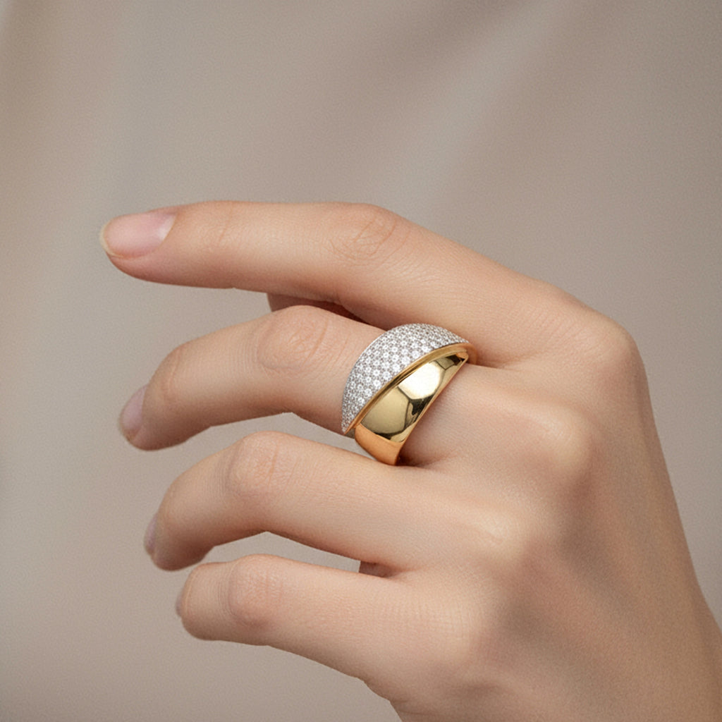 BeBling 14K Two-Tone Gold Diamond Pave Wide Bypass Ring 11mm - on hand