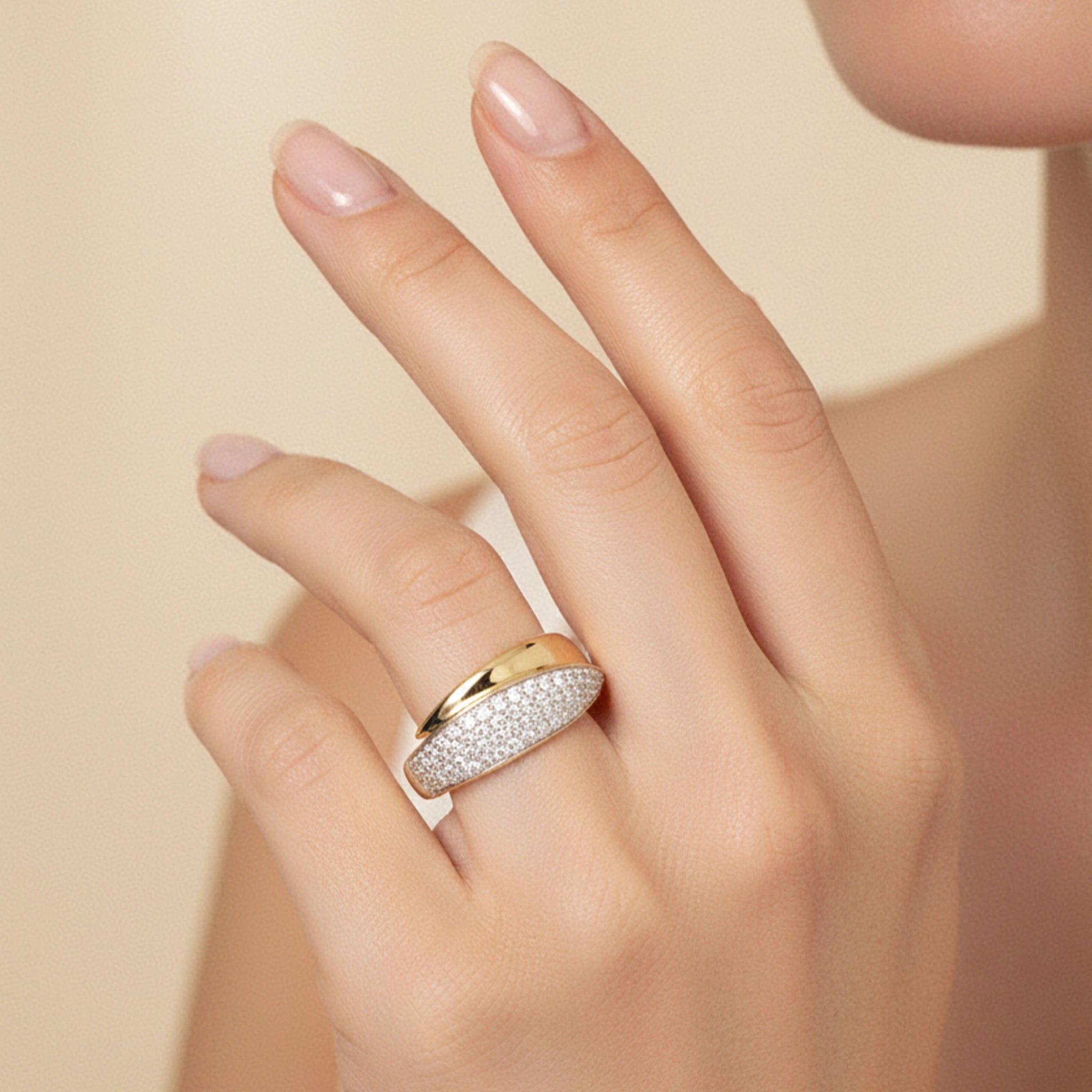 BeBling 14K Two-Tone Gold Diamond Bypass Ring 8mm - on hand