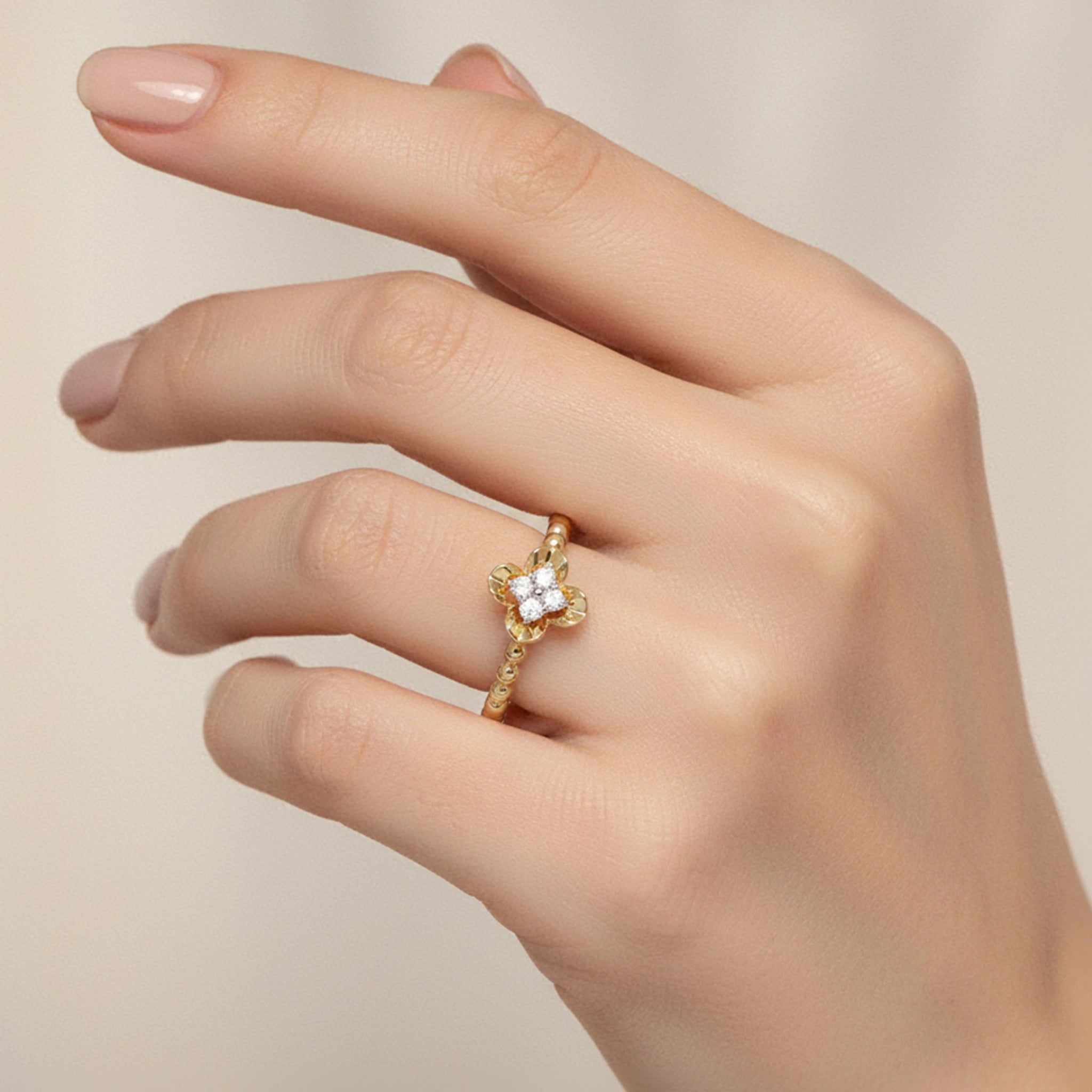 BeBling 14K Two-Tone Gold Dainty 4 Leaf Clover Ring 2mm - on hand