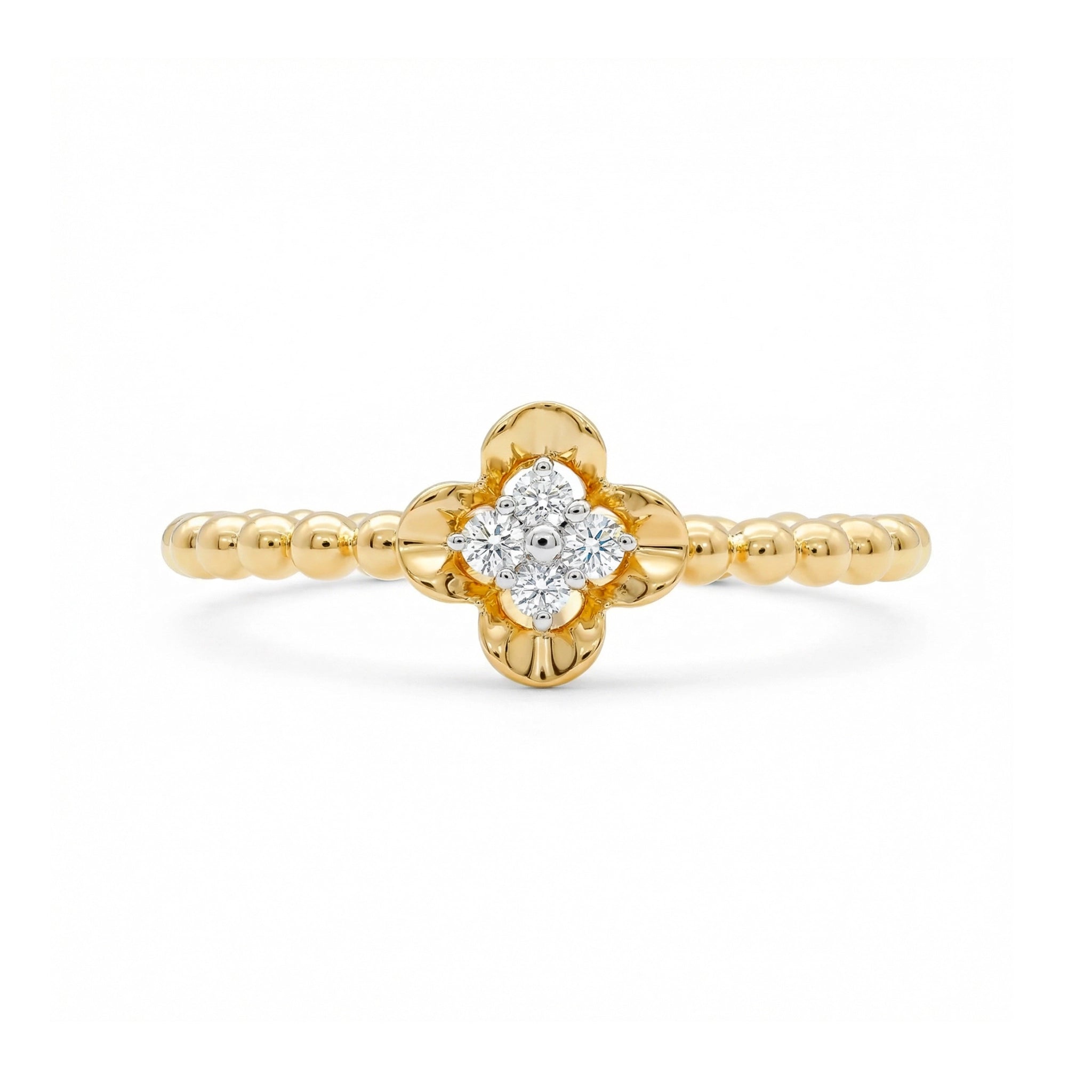 BeBling 14K Two-Tone Gold Dainty 4 Leaf Clover Ring 2mm front view