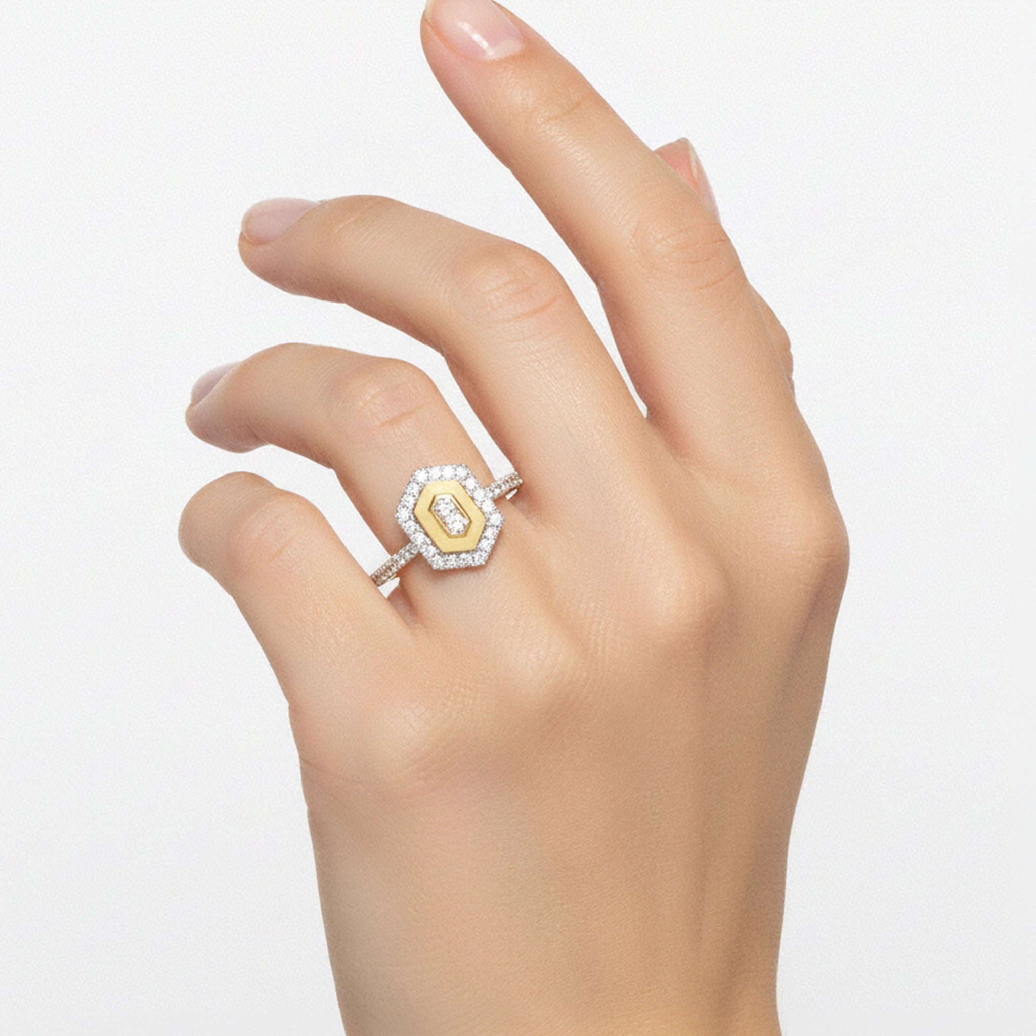 BeBling 14K Two-Tone Gold Diamond Hexagon Halo Ring 10mm - on hand