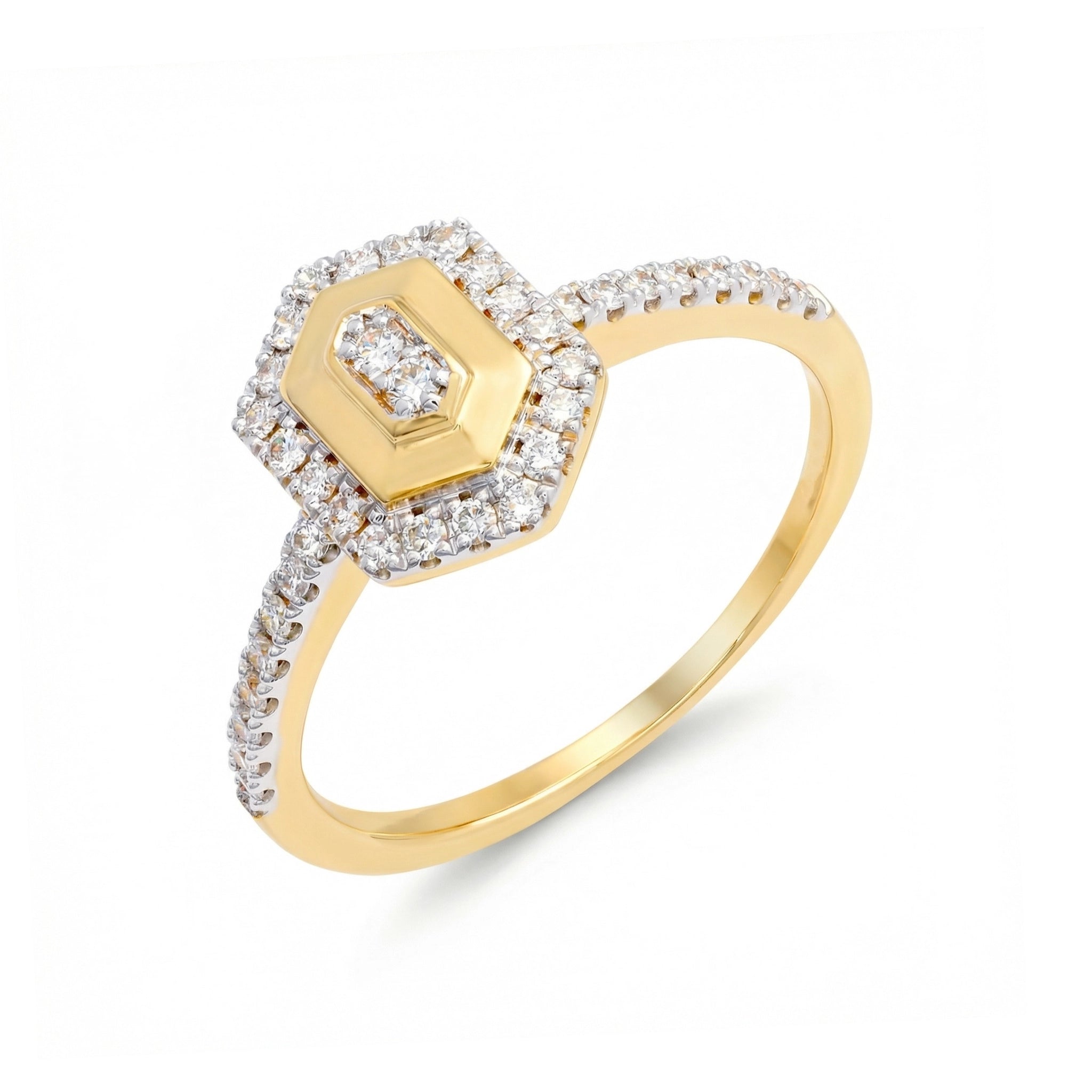 BeBling 14K Two-Tone Gold Diamond Hexagon Halo Ring 10mm top view