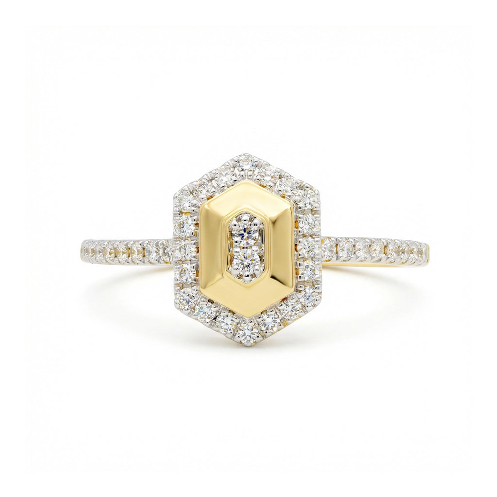 BeBling 14K Two-Tone Gold Diamond Hexagon Halo Ring 10mm front view