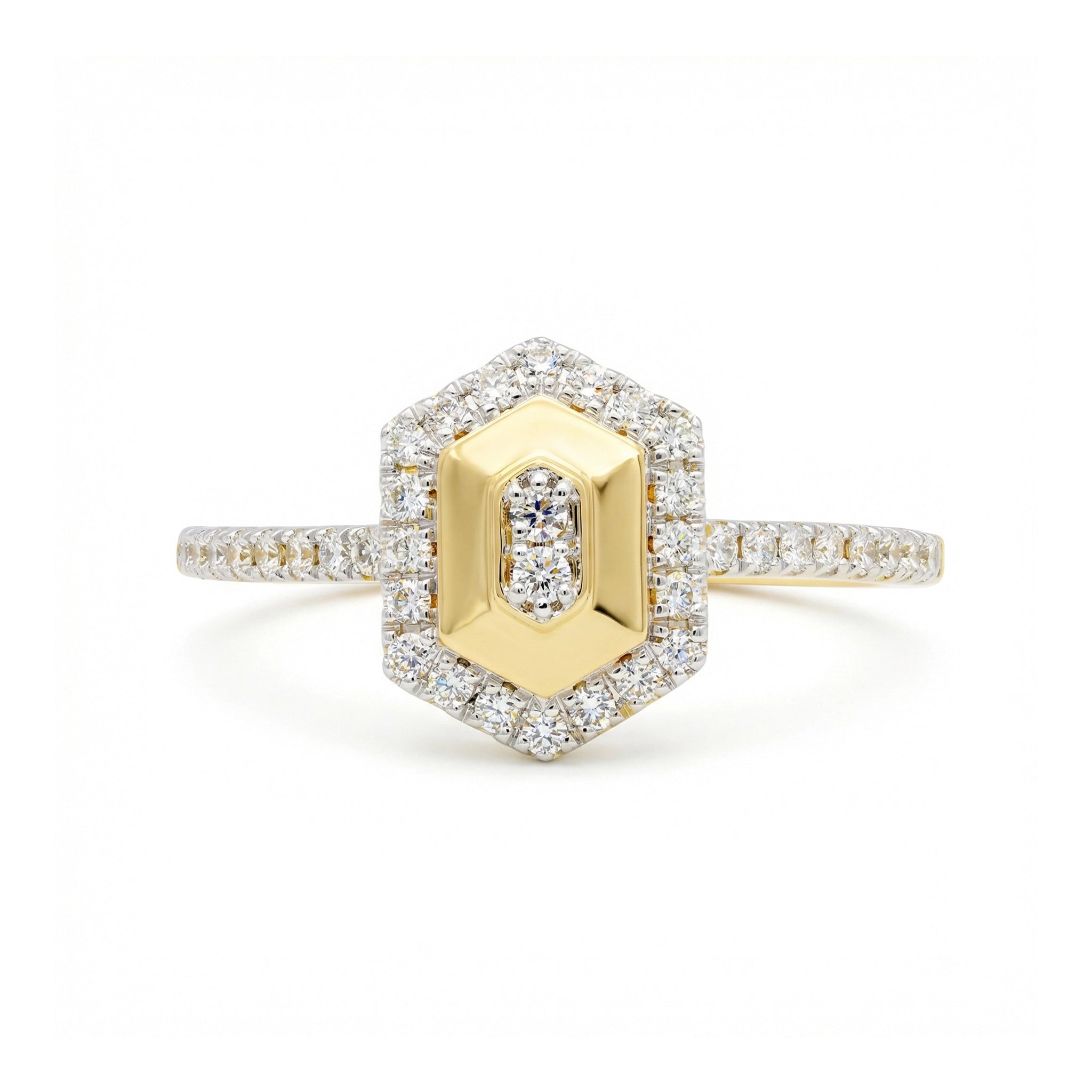 BeBling 14K Two-Tone Gold Diamond Hexagon Halo Ring 10mm front view