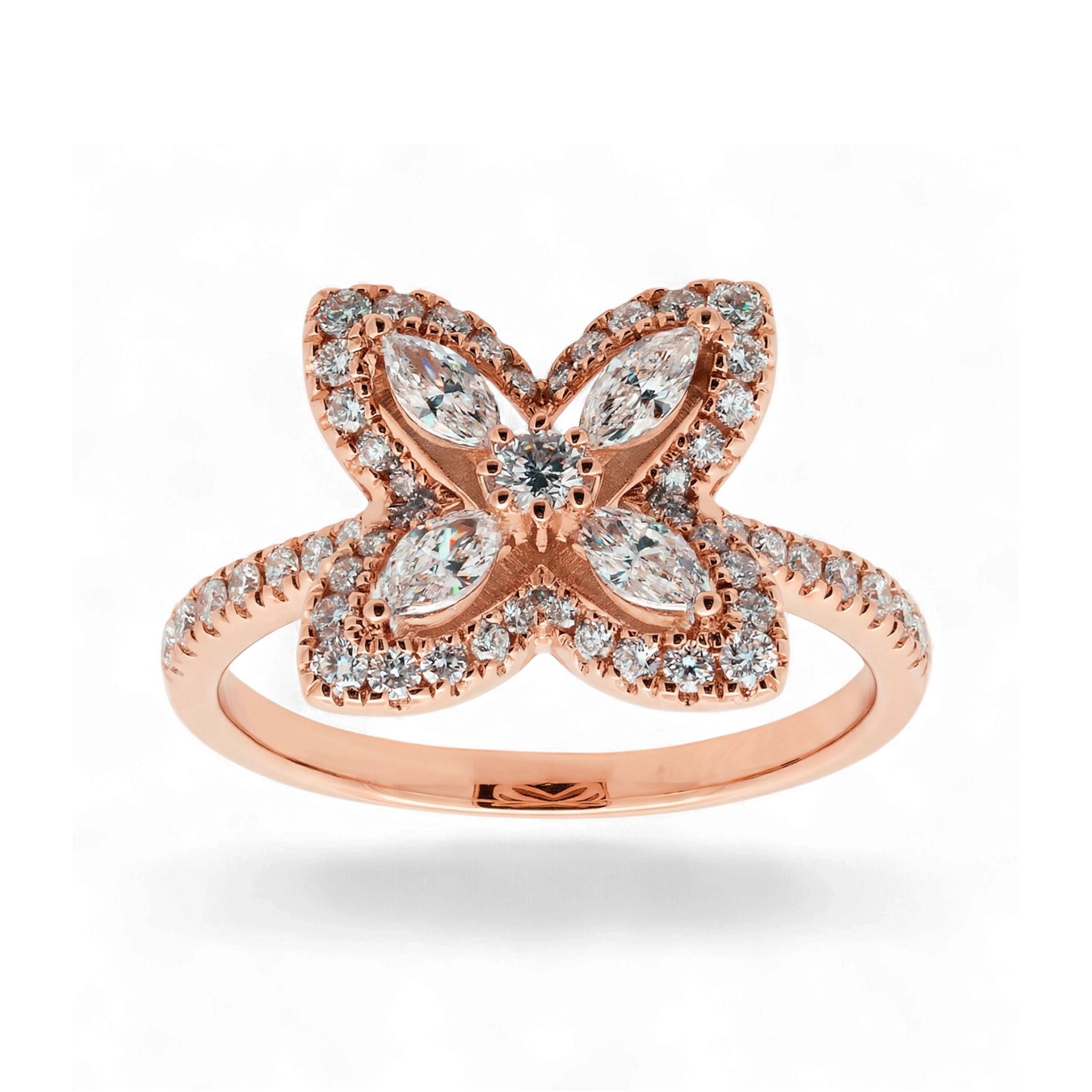 BeBling 14K Yellow Gold Diamond 4 Leaf Clover Ring 11mm with marquise stems front view - rose gold