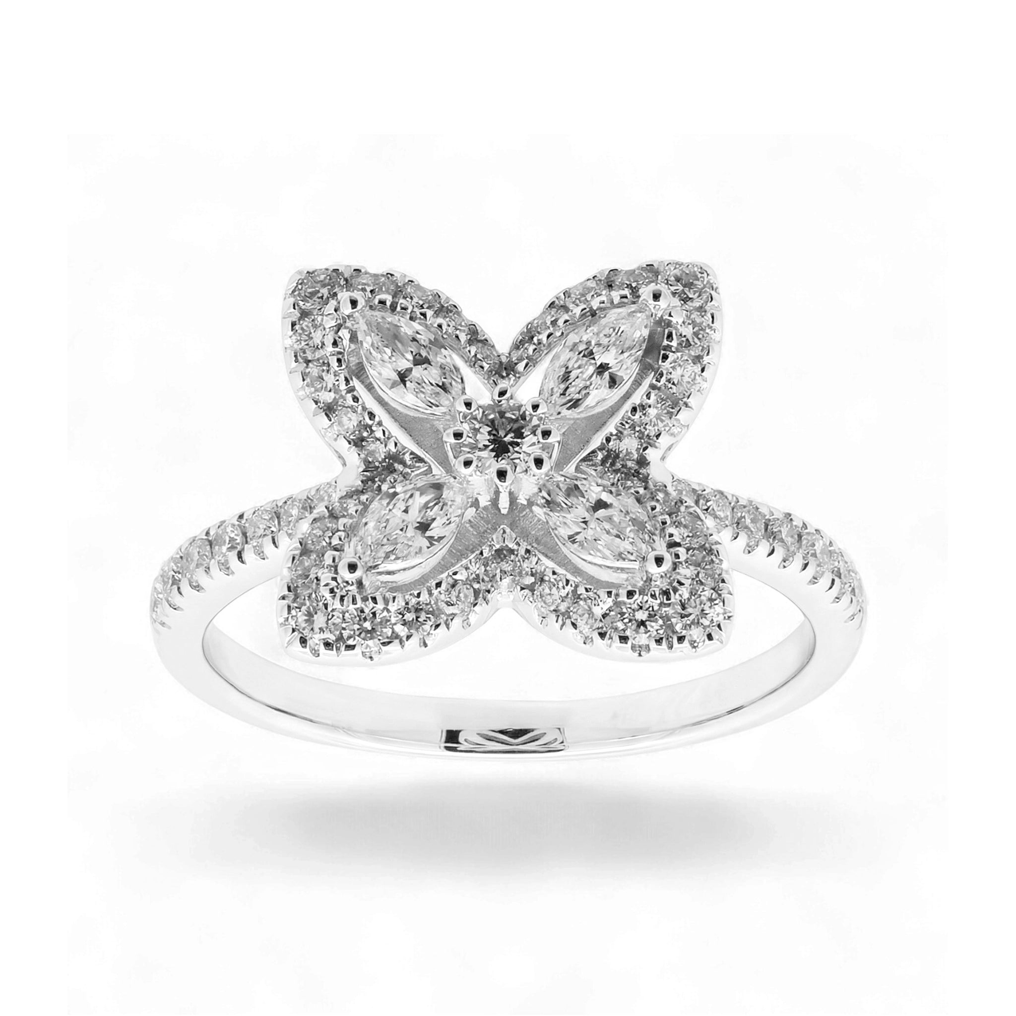 BeBling 14K Yellow Gold Diamond 4 Leaf Clover Ring 11mm with marquise stems front view - white gold