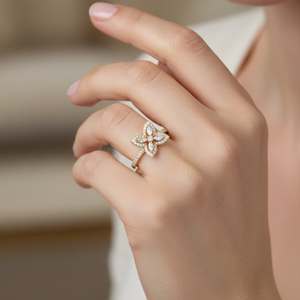 BeBling 14K Yellow Gold Diamond 4 Leaf Clover Ring 11mm with marquise stems - on hand