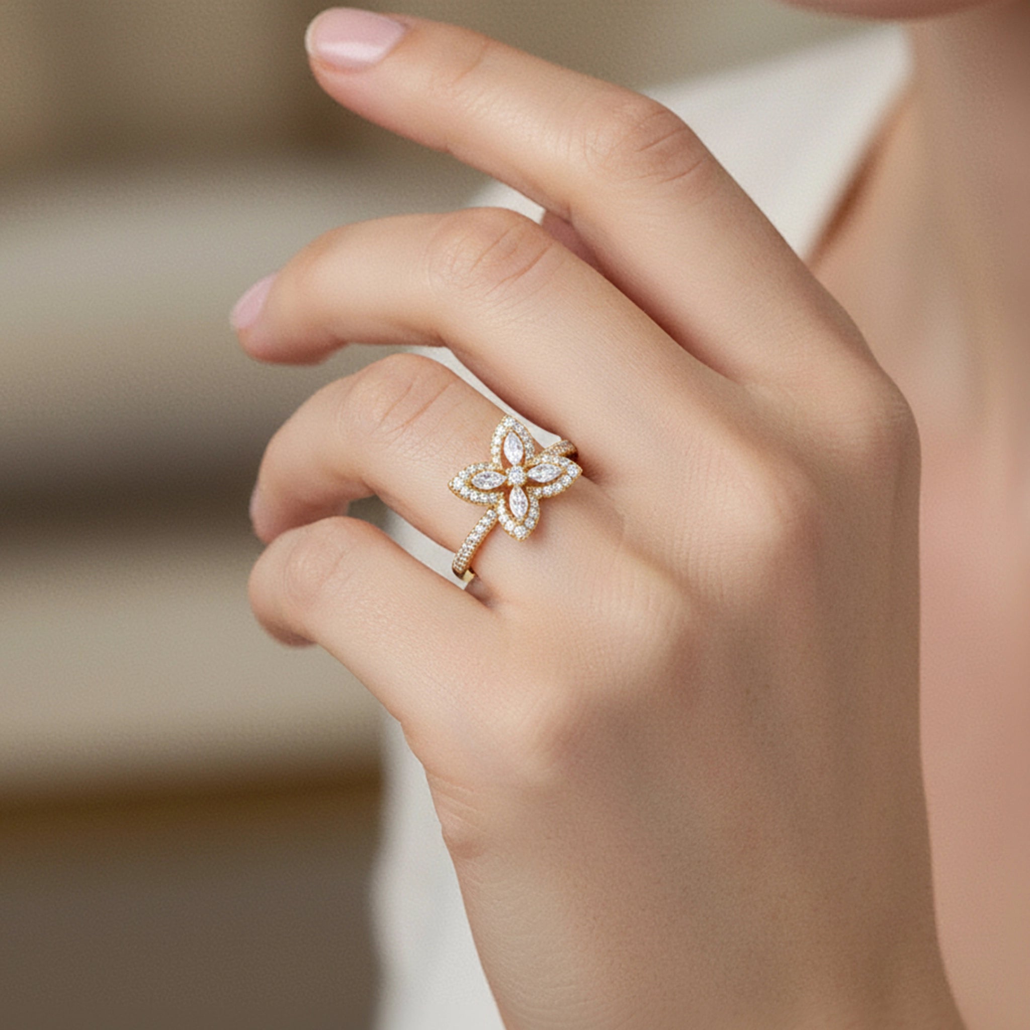 BeBling 14K Yellow Gold Diamond 4 Leaf Clover Ring 11mm with marquise stems - on hand