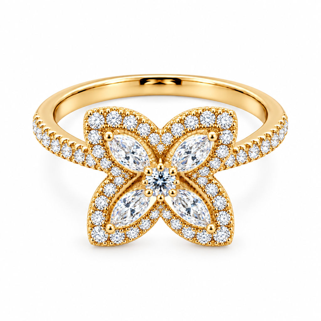 14K Yellow Gold Diamond 4 Leaf Clover Ring